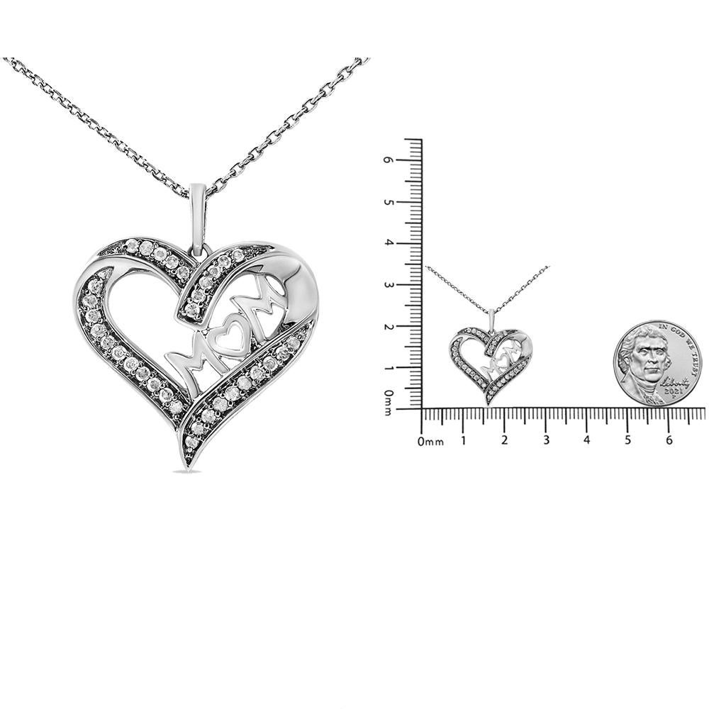 Contemporary .925 Sterling Silver 1/4 Carat Diamond Engraved Mom in Heart Pendant Necklace For Sale