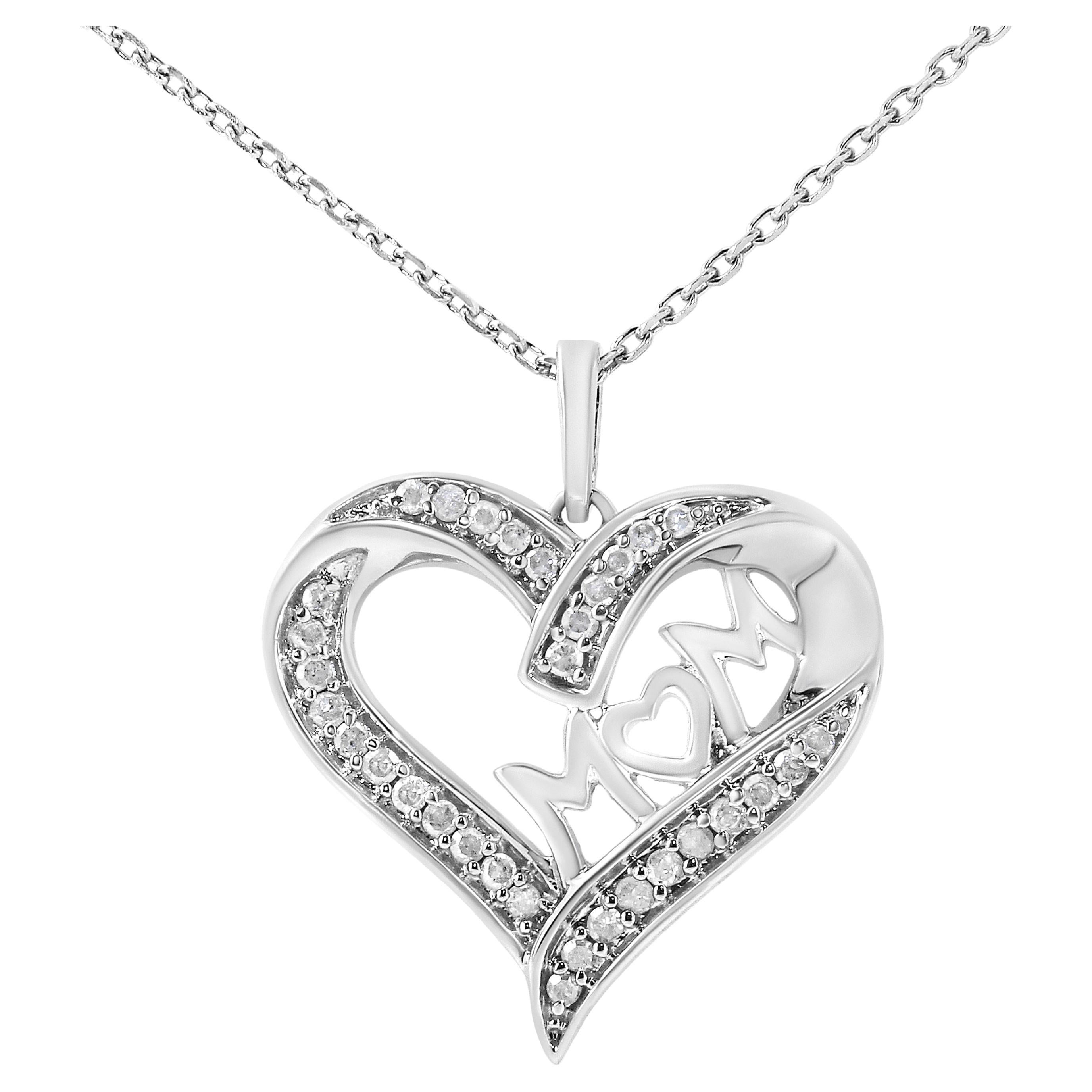 .925 Sterling Silver 1/4 Carat Diamond Engraved Mom in Heart Pendant Necklace For Sale