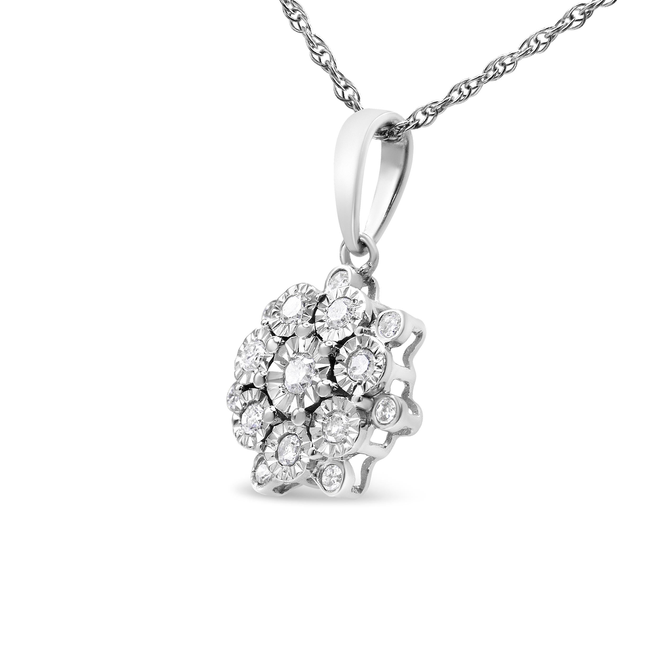 This diamond floral cluster pendant is an elegant accessory for any event. Embellished with 1/4ct TDW of promo quality, round cut diamonds in bezel and miracle settings add extra shine. The pendant is crafted in sterling silver and delicately