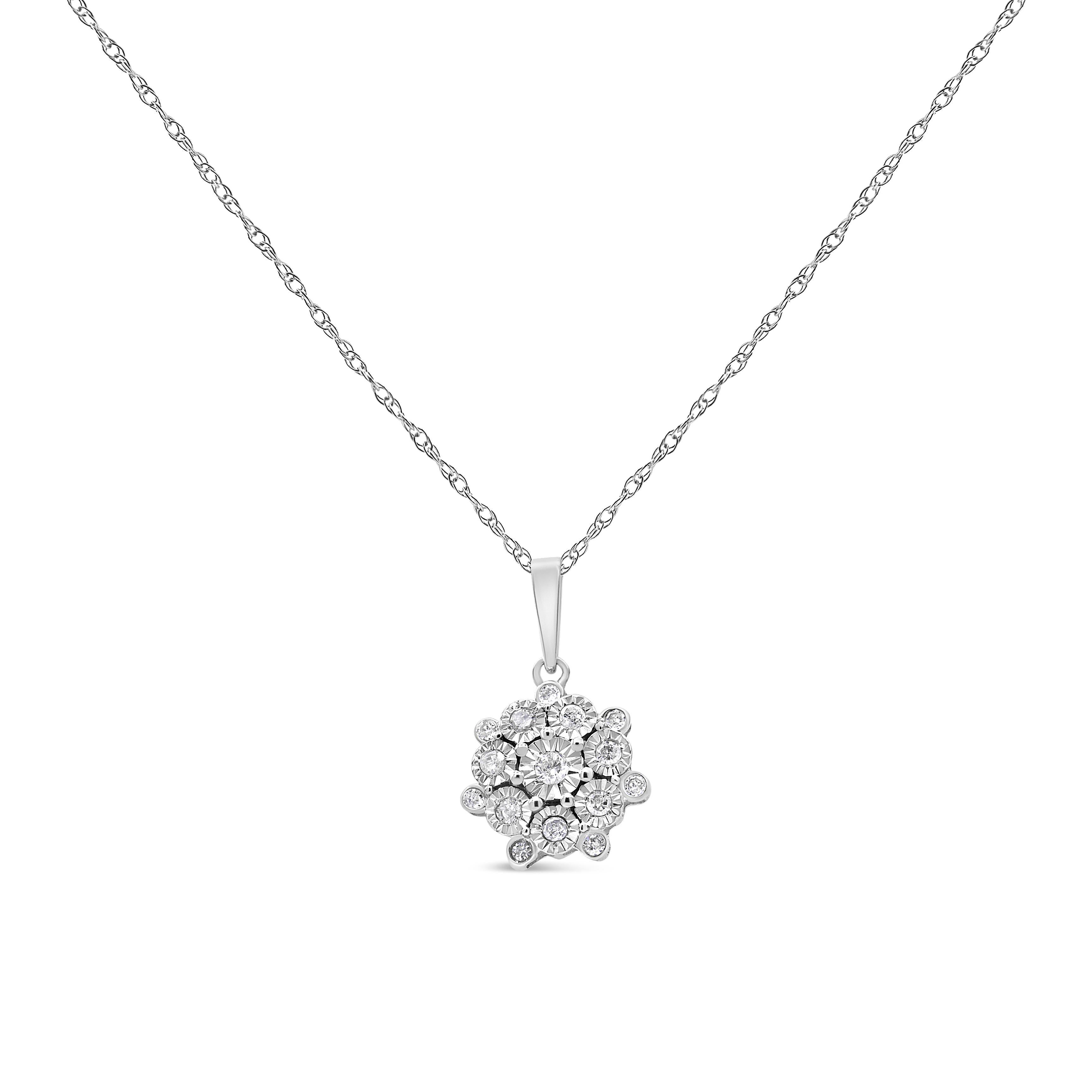 Modern .925 Sterling Silver 1/4 Carat Diamond Floral Cluster Pendant Necklace For Sale