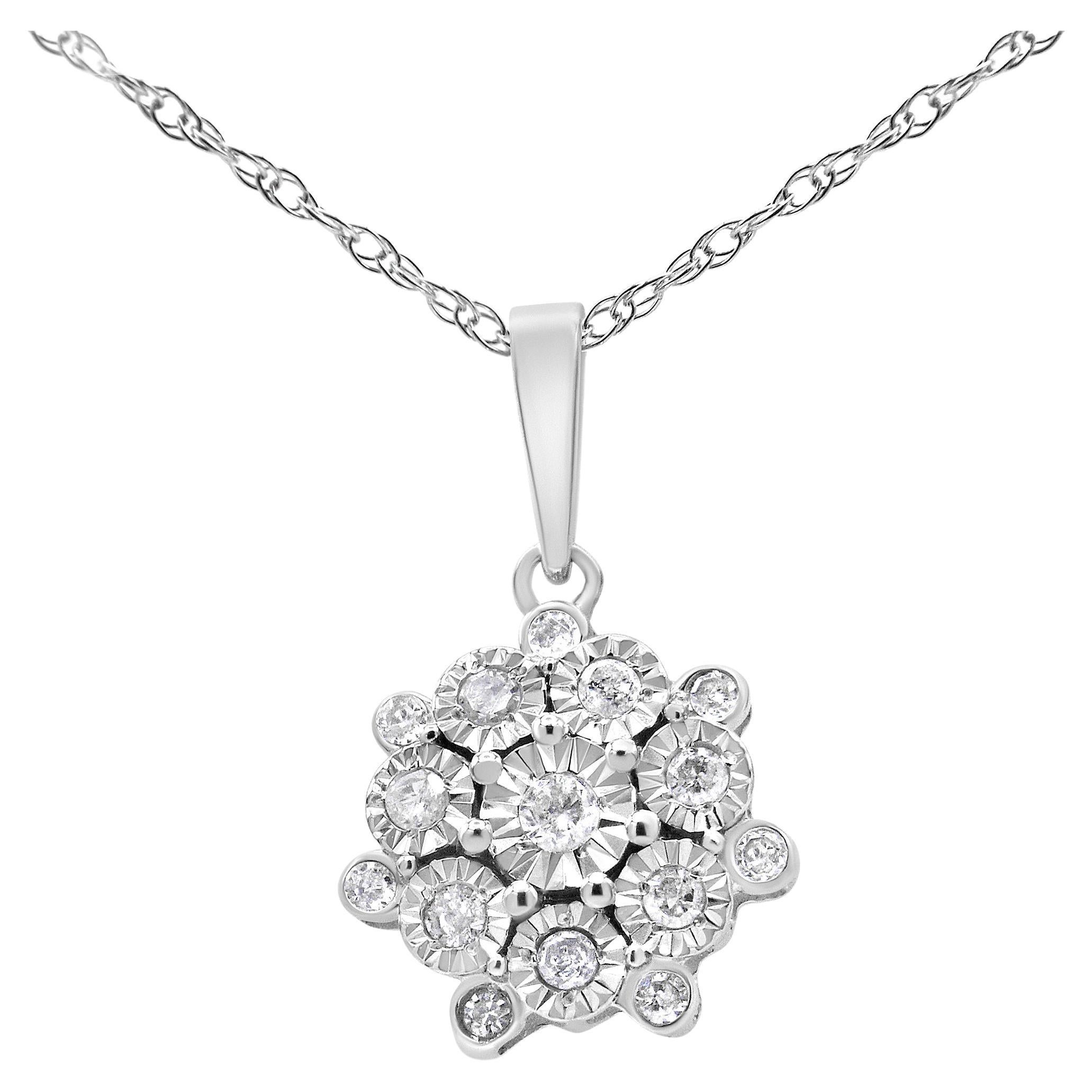 .925 Sterling Silver 1/4 Carat Diamond Floral Cluster Pendant Necklace For Sale