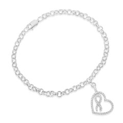 .925 Sterling Silver 1/4 Carat Diamond Heart & Ribbon Charm Link Chain Bracelet