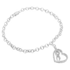 .925 Sterling Silver 1/4 Carat Diamond Heart & Ribbon Charm Link Chain Bracelet