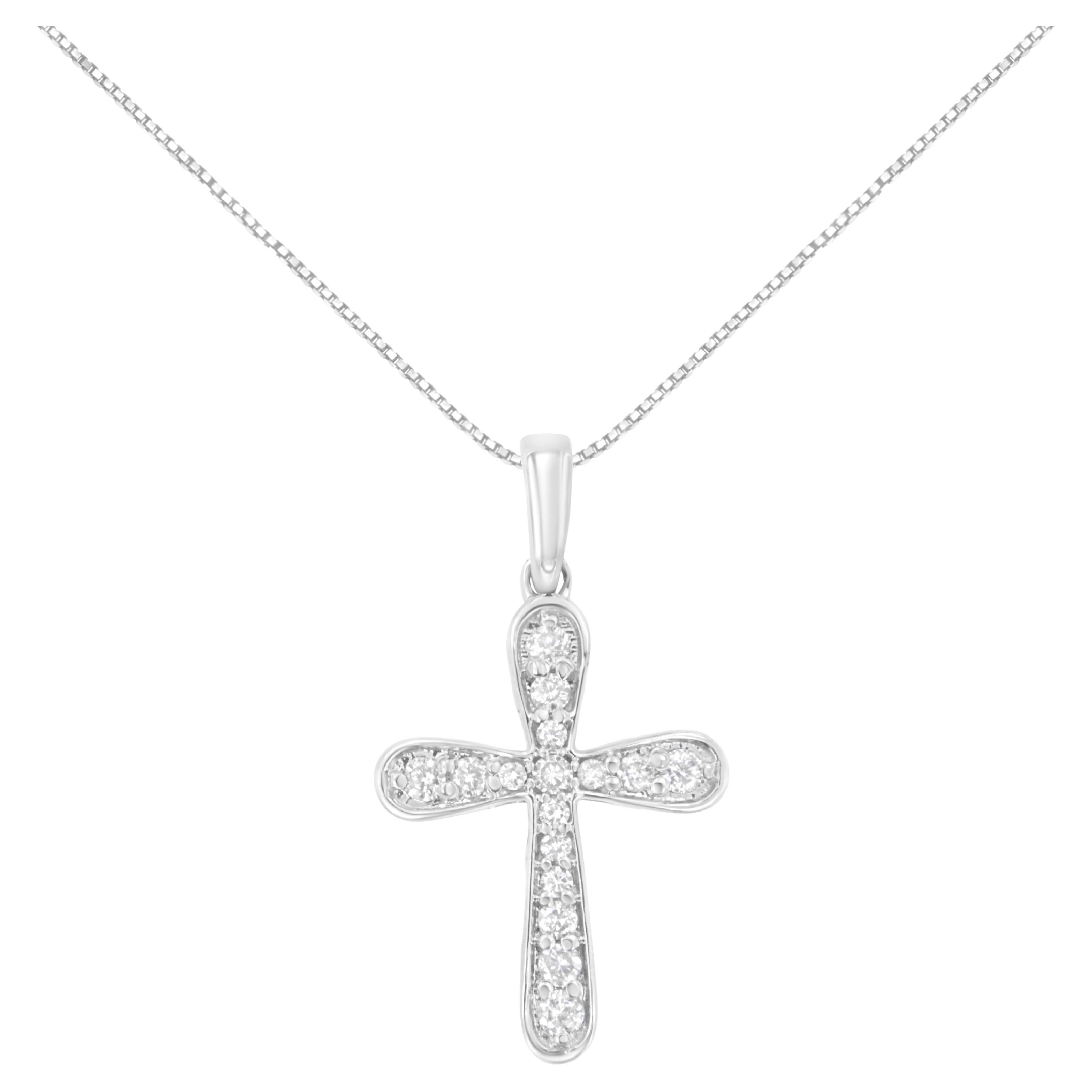 .925 Sterling Silver 1/4 Carat Diamond Inlaid Cross 18" Pendant Necklace For Sale