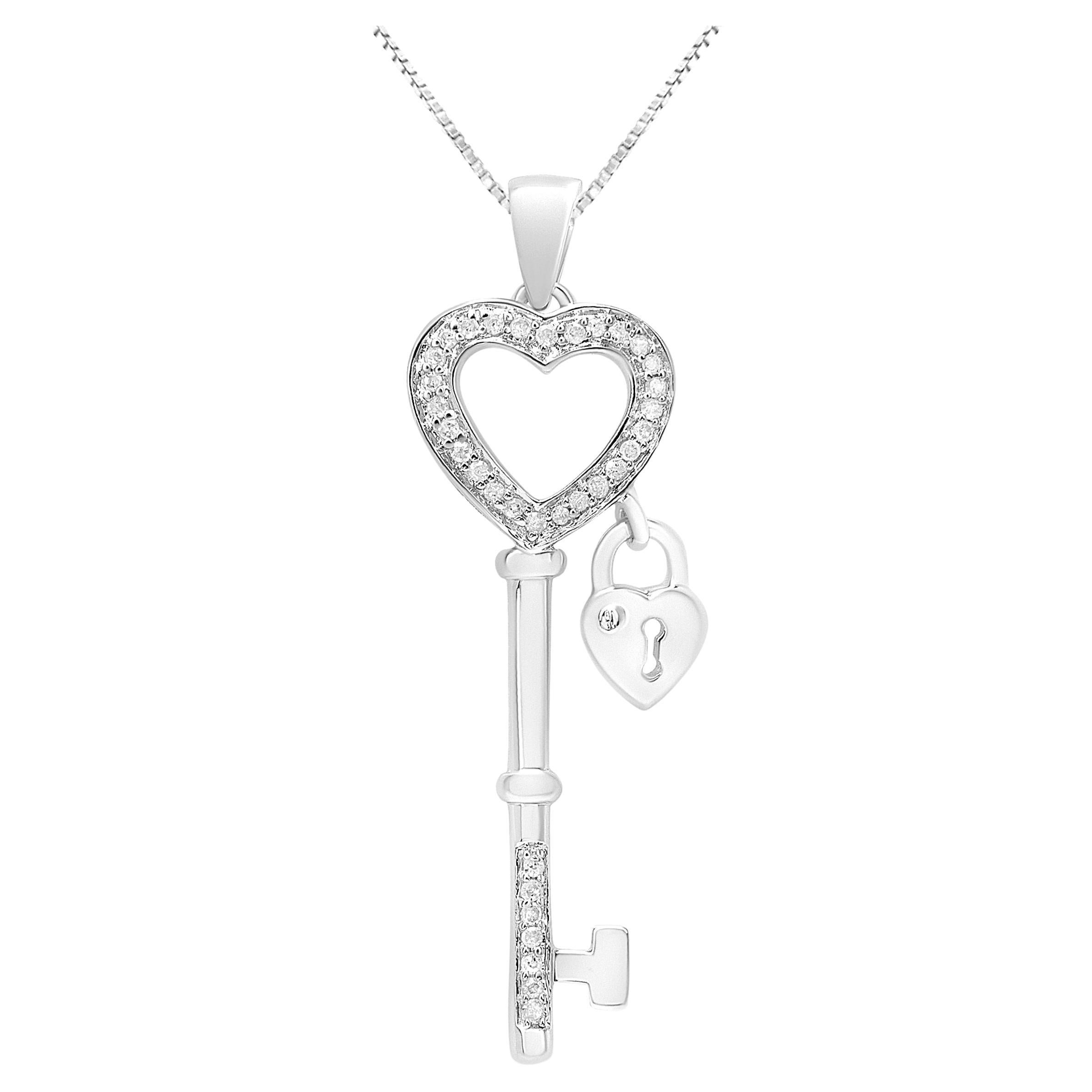 .925 Sterling Silver 1/4 Carat Diamond Lock & Key heart 18" Pendant Necklace