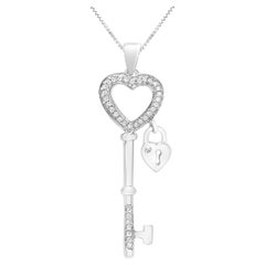 .925 Sterling Silver 1/4 Carat Diamond Lock & Key heart 18" Pendant Necklace