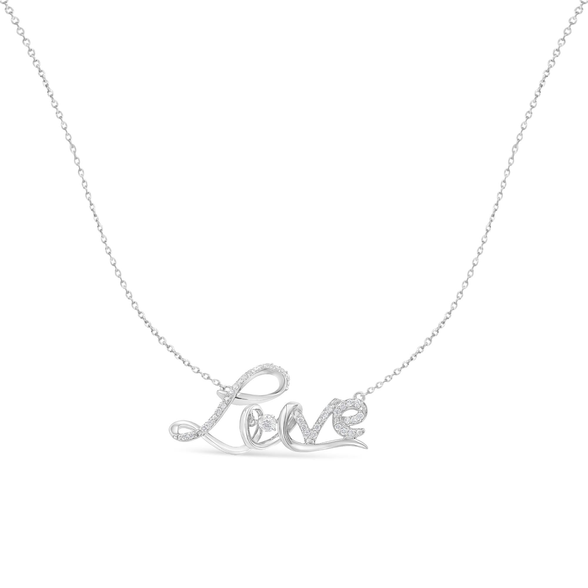Created in polished sterling silver, this lovely design features 1/4 carat TDW of round cut diamonds. The word love is spelled out in a flowing font that is inlaid with shimmering diamonds while a  larger diamond sits in the place of the 