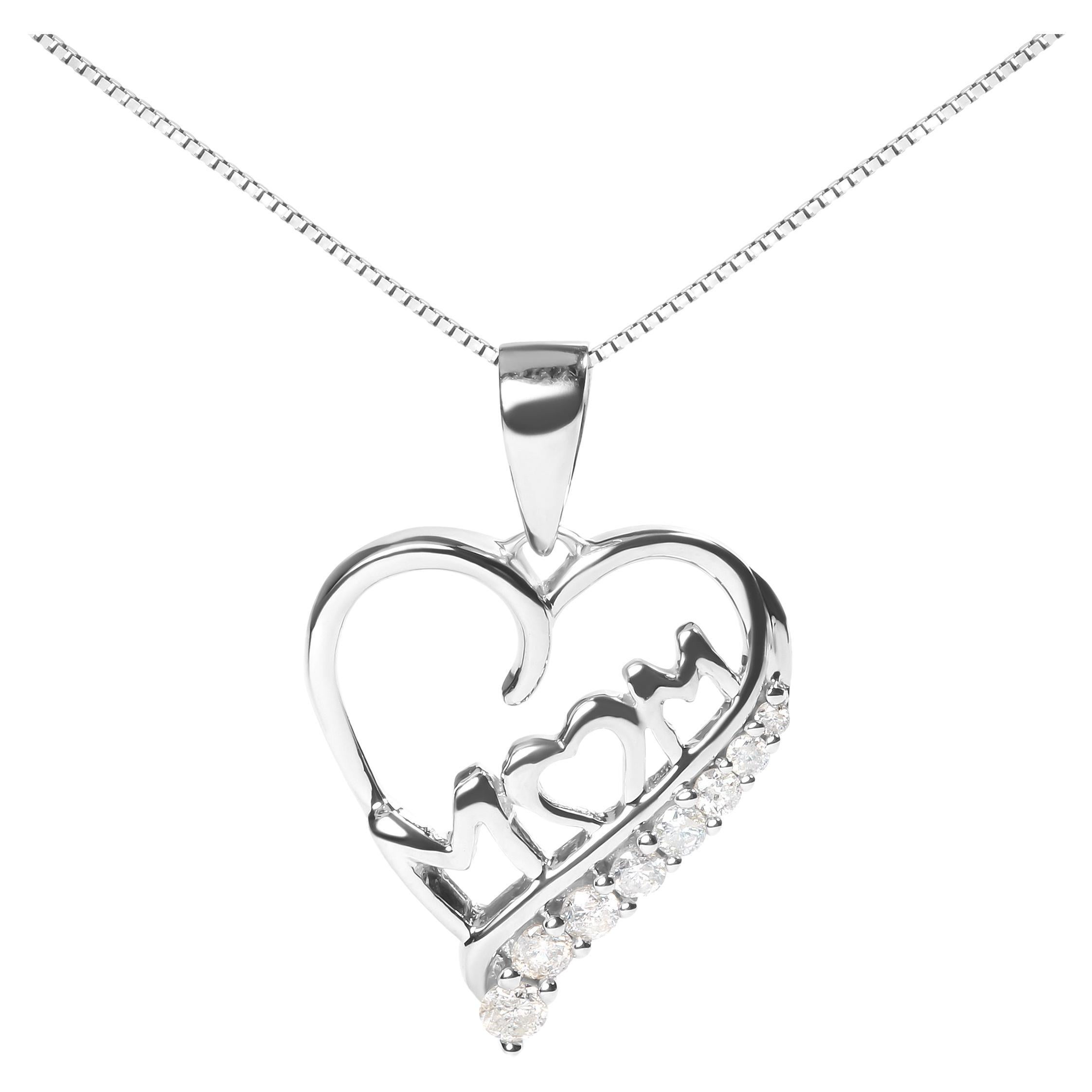 .925 Sterling Silver 1/4 Carat Diamond "Mom" and Open Heart Pendant Necklace For Sale
