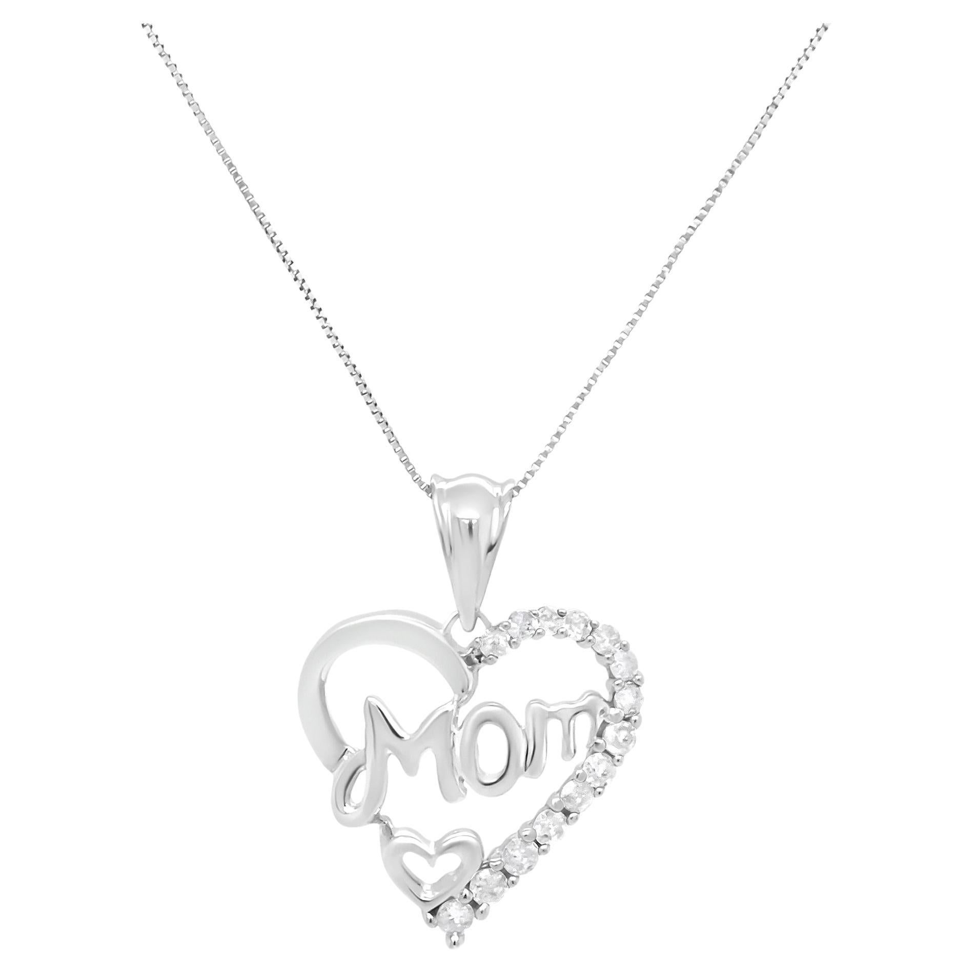 .925 Sterling Silver 1/4 Carat Diamond "Mom" Openwork Heart Pendant Necklace For Sale