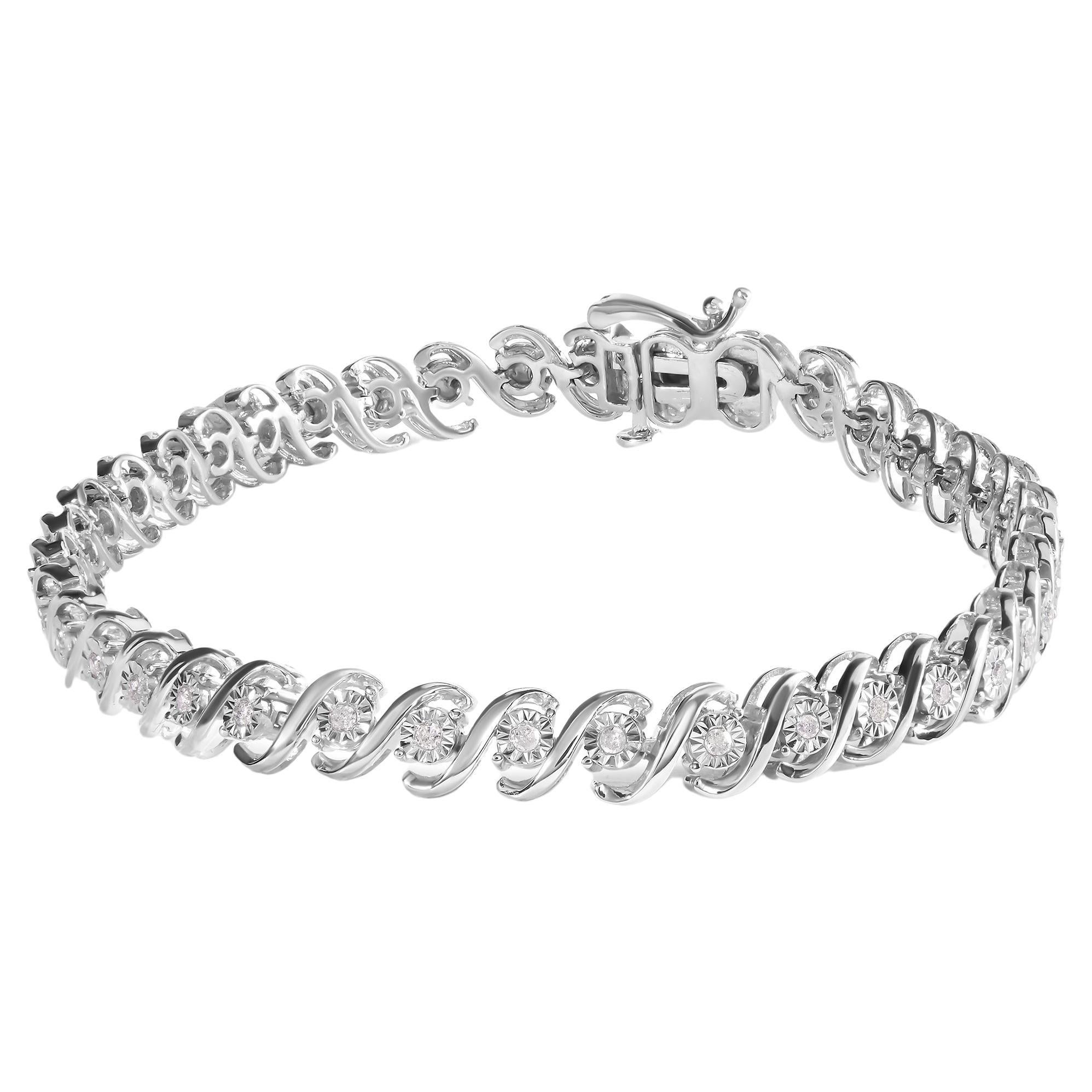 .925 Sterling Silver 1/4 Carat Miracle Set Diamond and Beaded Tennis Bracelet For Sale