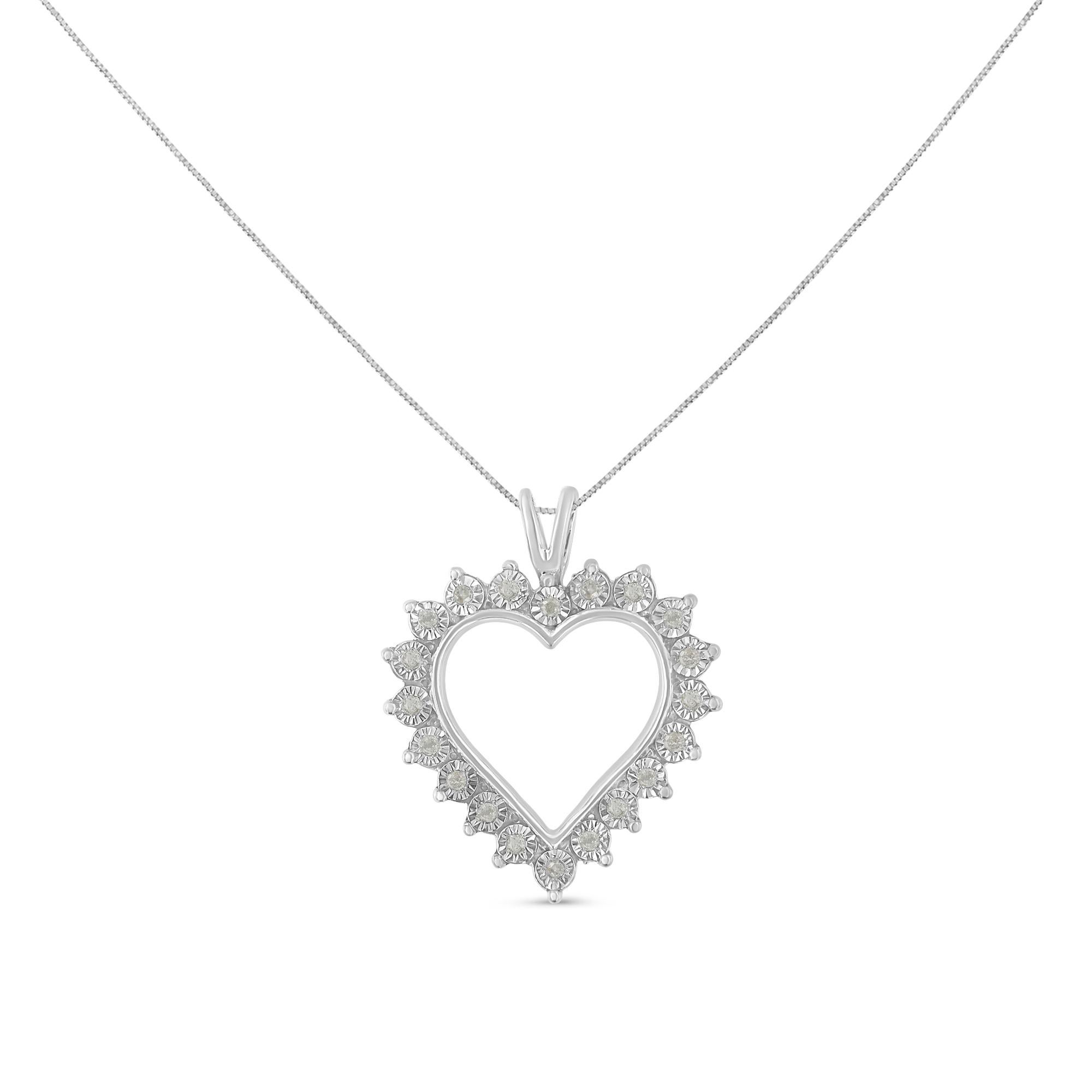 Express your love with this stunningly unique diamond love heart pendant. Meticulously crafted, this necklace is made from the finest .925 sterling silver and is embellished with 20 rose cut diamonds. Each diamond shines in a miracle setting to give