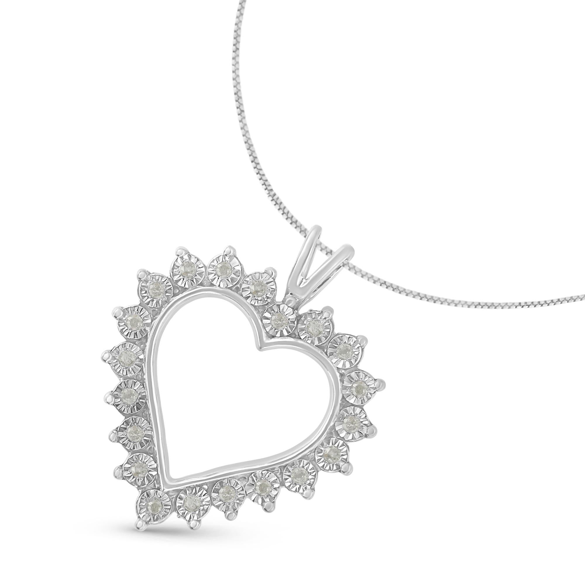 Modern .925 Sterling Silver 1/4 Carat Miracle Set Diamond Open Heart Pendant Necklace For Sale