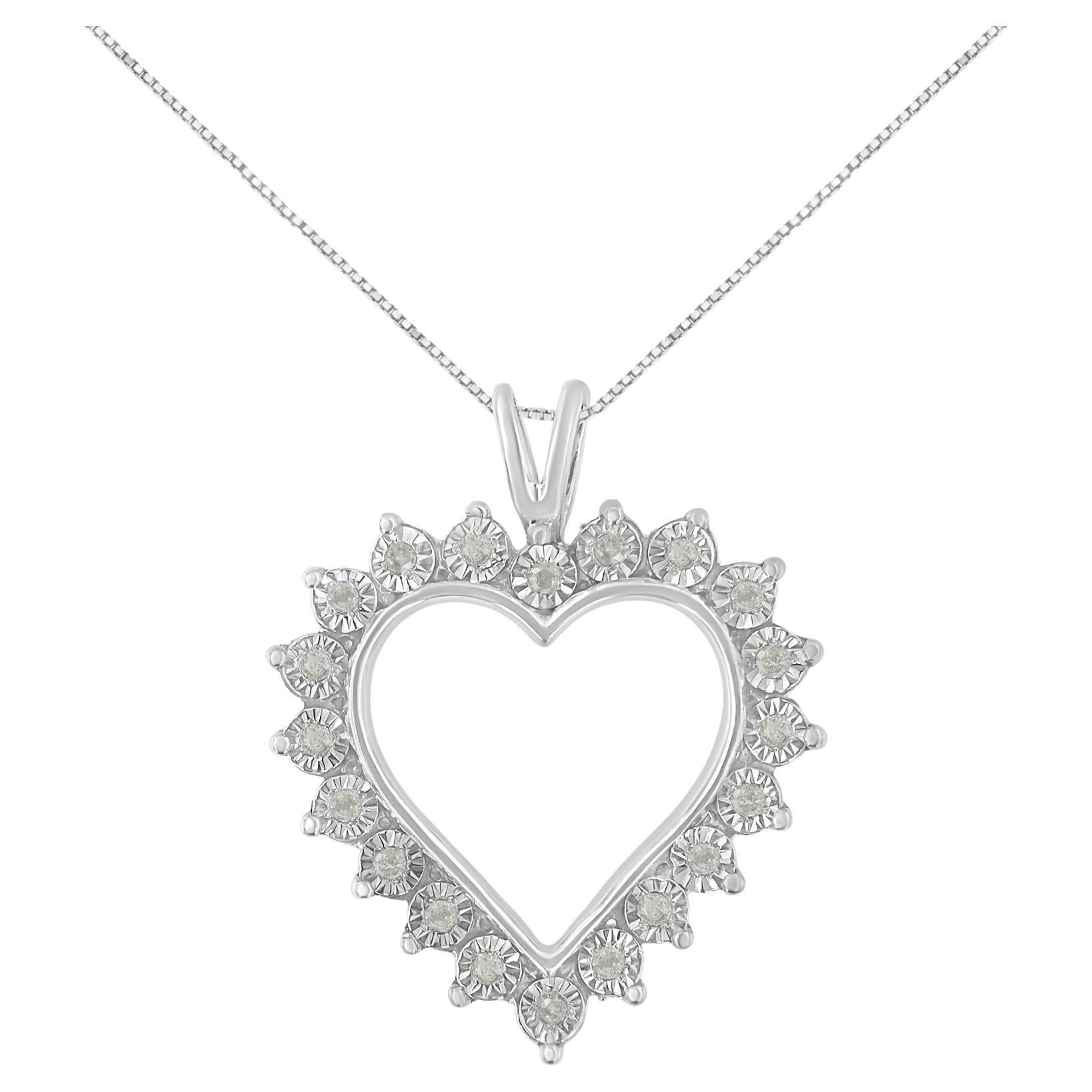.925 Sterling Silver 1/4 Carat Miracle Set Diamond Open Heart Pendant Necklace For Sale