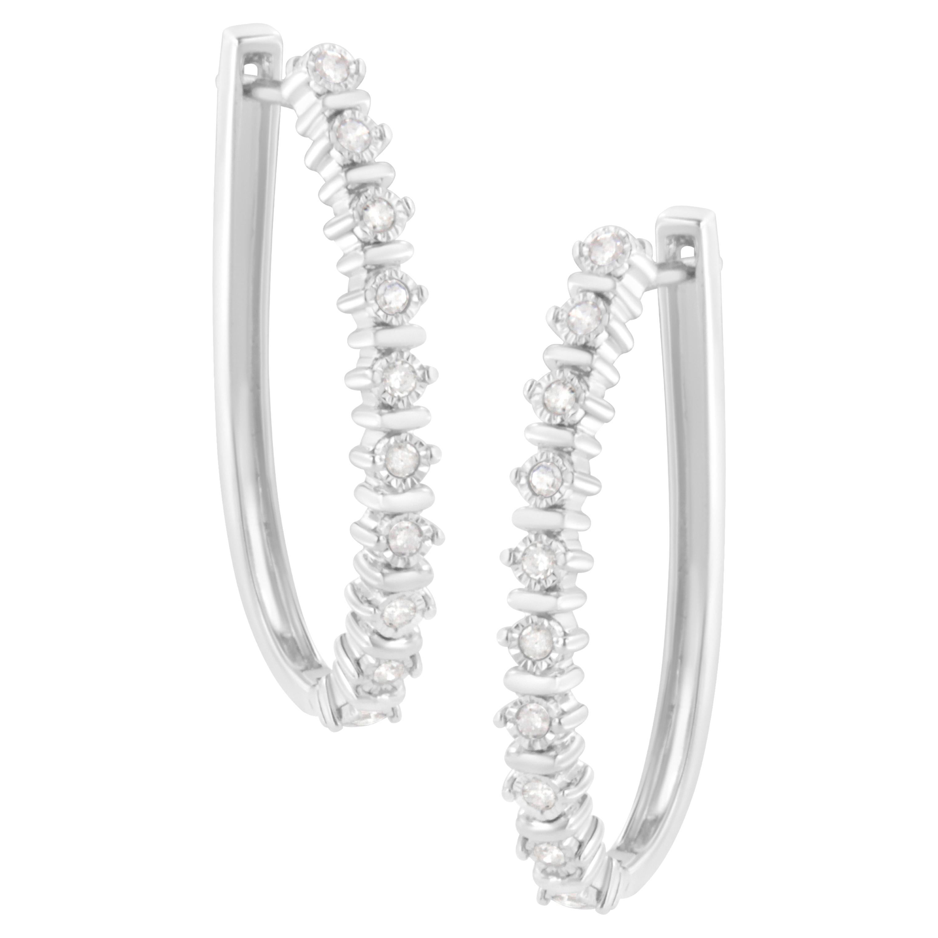 .925 Sterling Silver 1/4 Carat Miracle-Set Round-Cut Diamond Hoop Earring For Sale