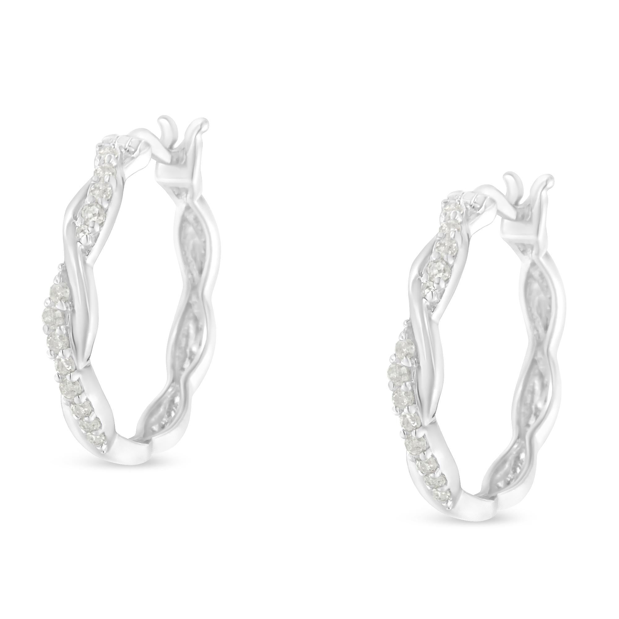 .925 Sterling-Silver 1/4 Carat Pave Set Diamond Twisted Spiral Hoop Earring In New Condition For Sale In New York, NY