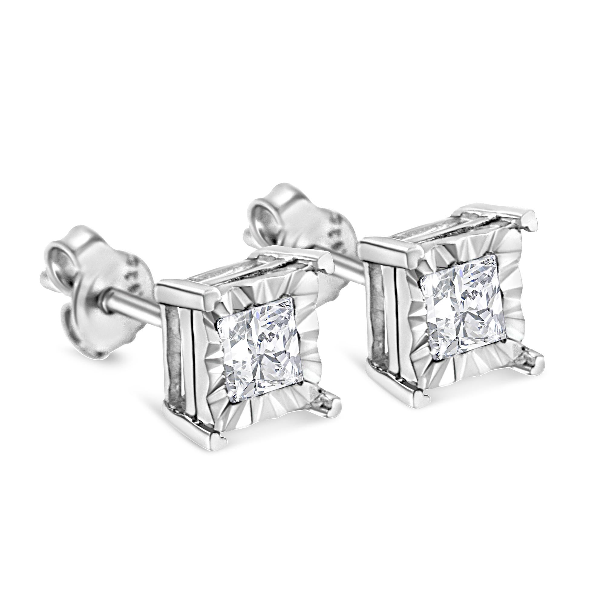 Princess Cut .925 Sterling Silver 1/4 Carat Princess-Cut Diamond Solitaire Stud Earrings For Sale