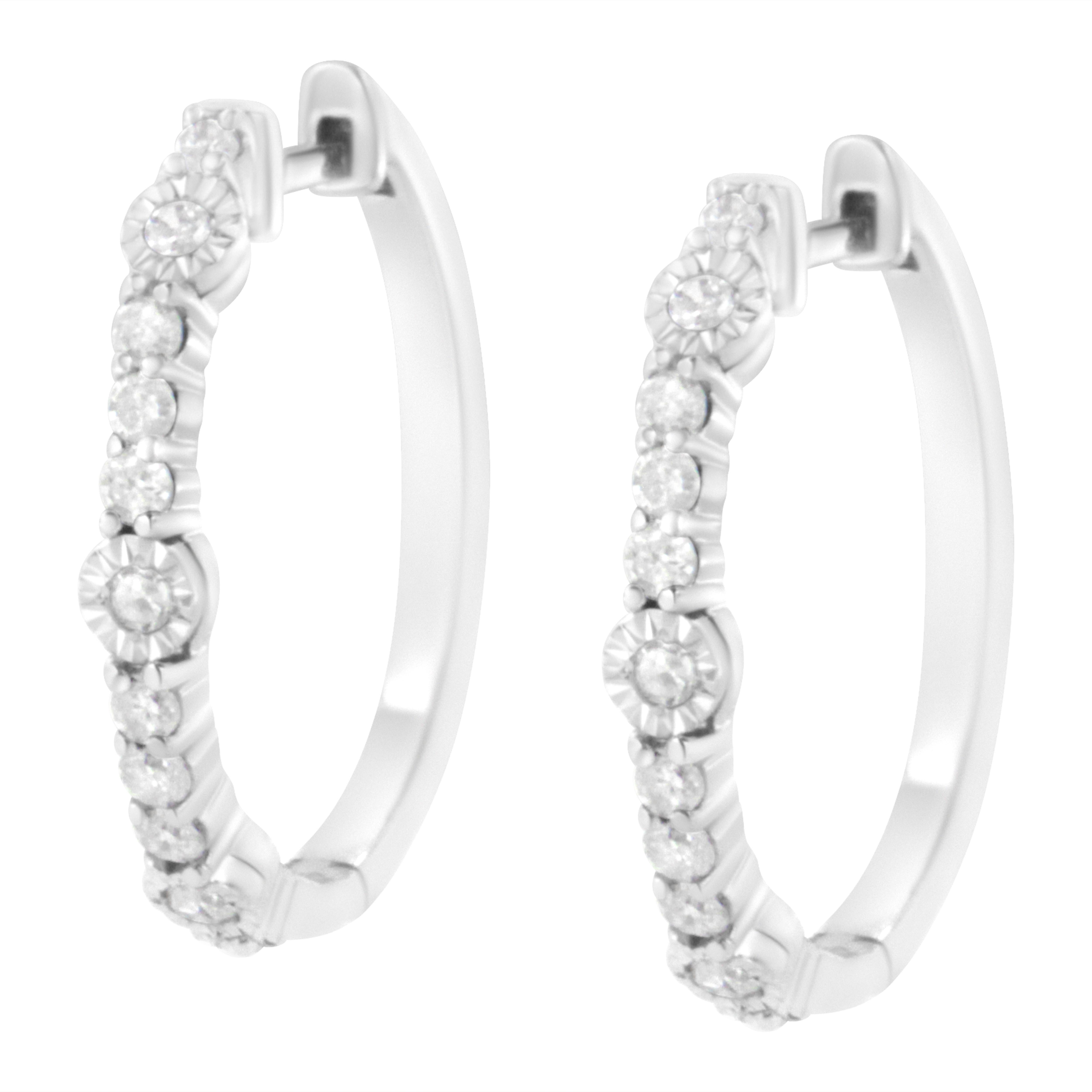 Round Cut .925 Sterling Silver 1/4 Carat Prong and Miracle Set Diamond Hoop Earring