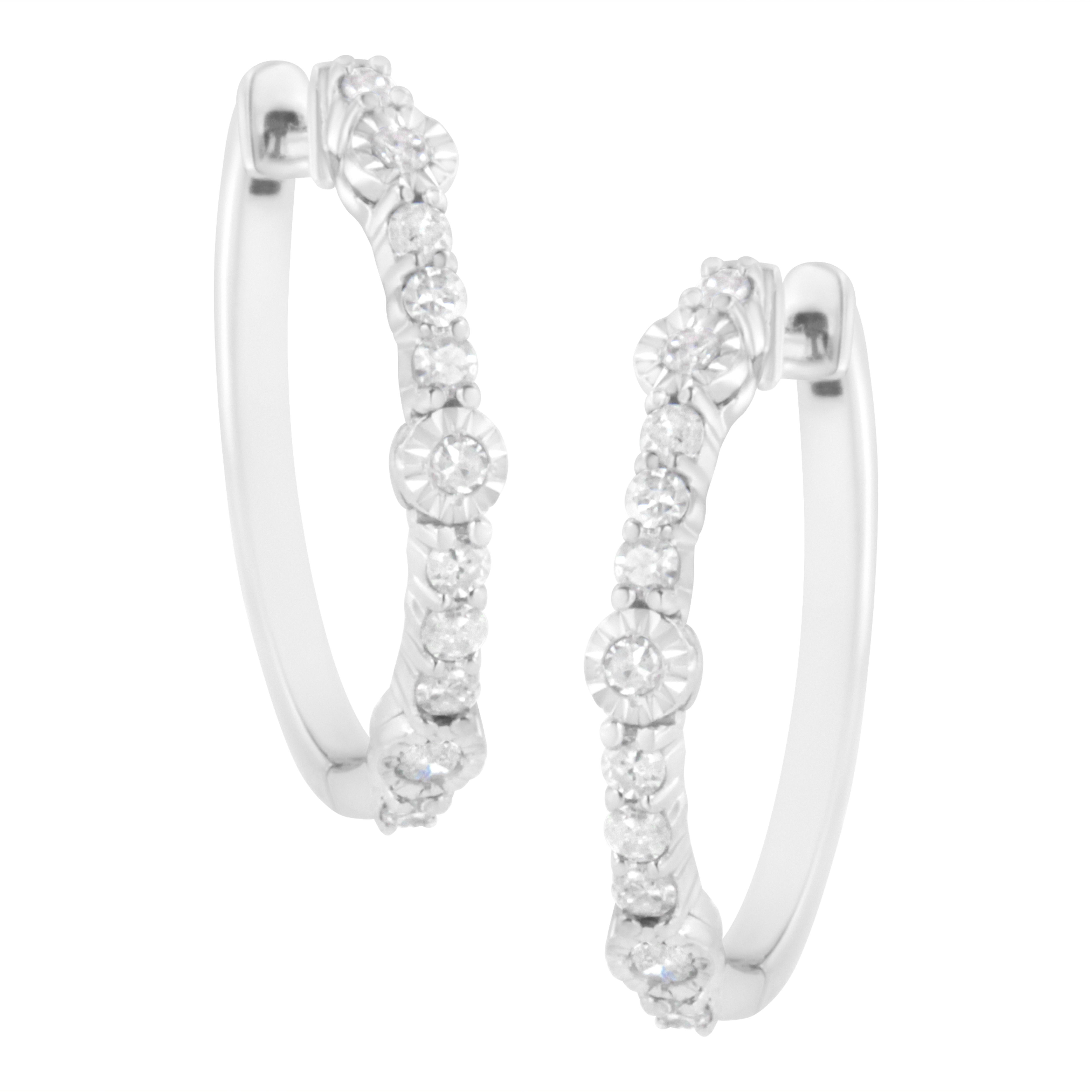 .925 Sterling Silver 1/4 Carat Prong and Miracle Set Diamond Hoop Earring
