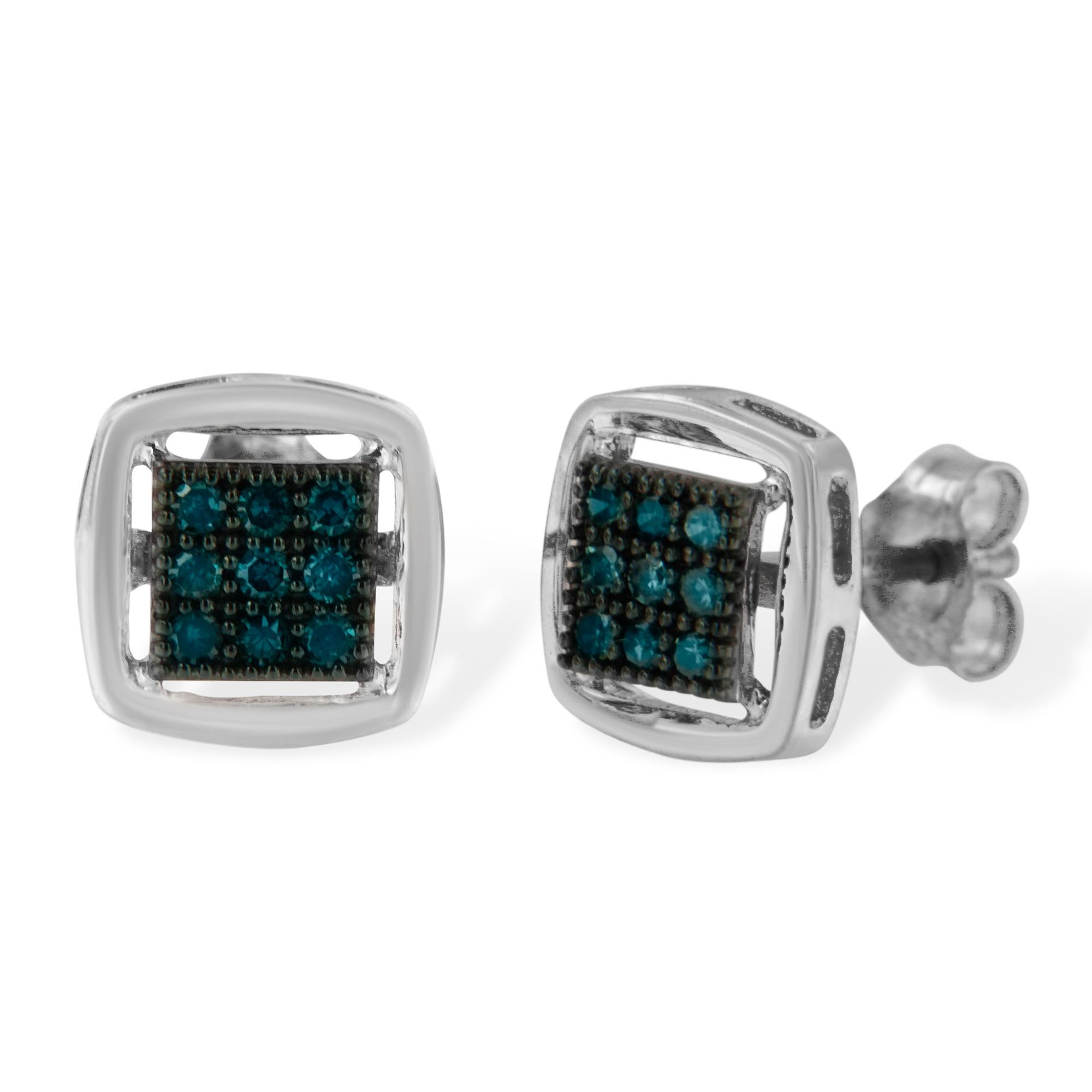 Contemporary .925 Sterling Silver 1/4 Carat Rose Cut Treated Blue Diamond Square Stud Earring For Sale