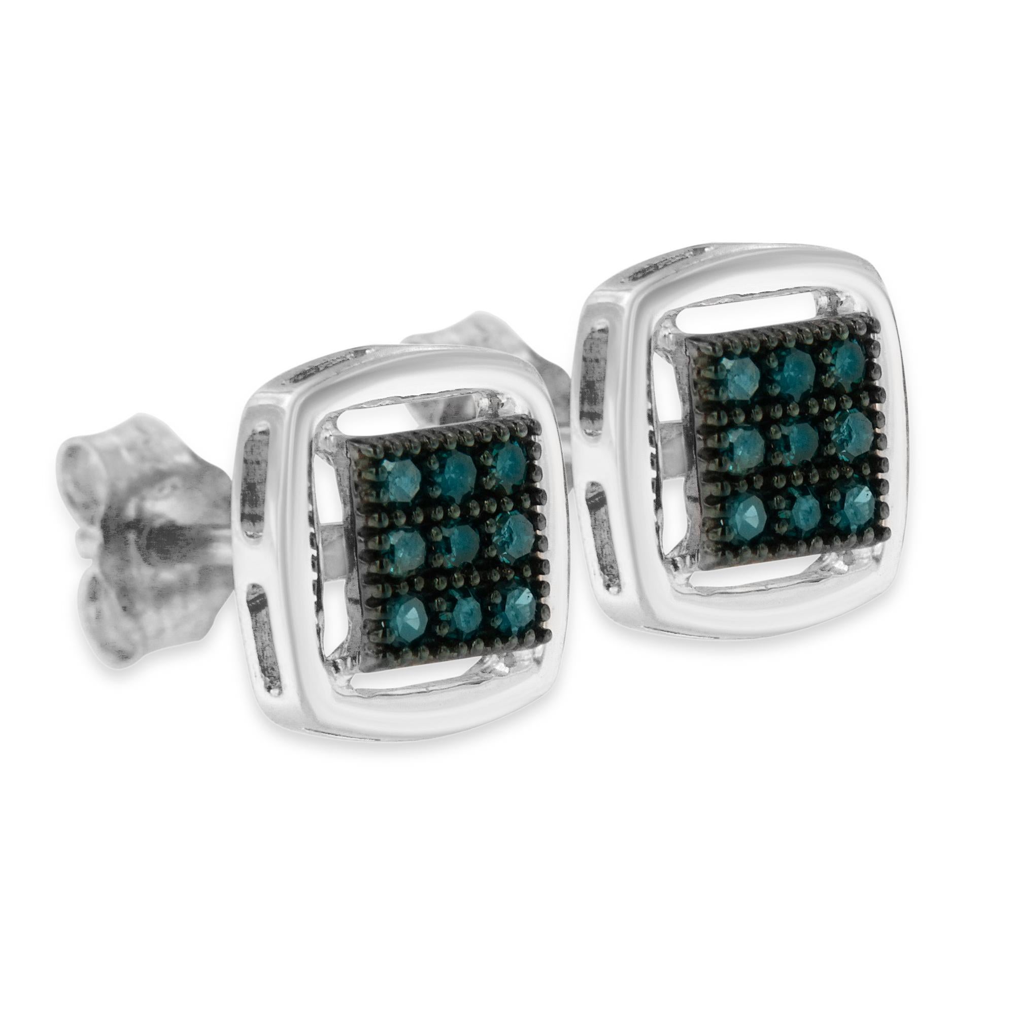.925 Sterling Silver 1/4 Carat Rose Cut Treated Blue Diamond Square Stud Earring In New Condition For Sale In New York, NY