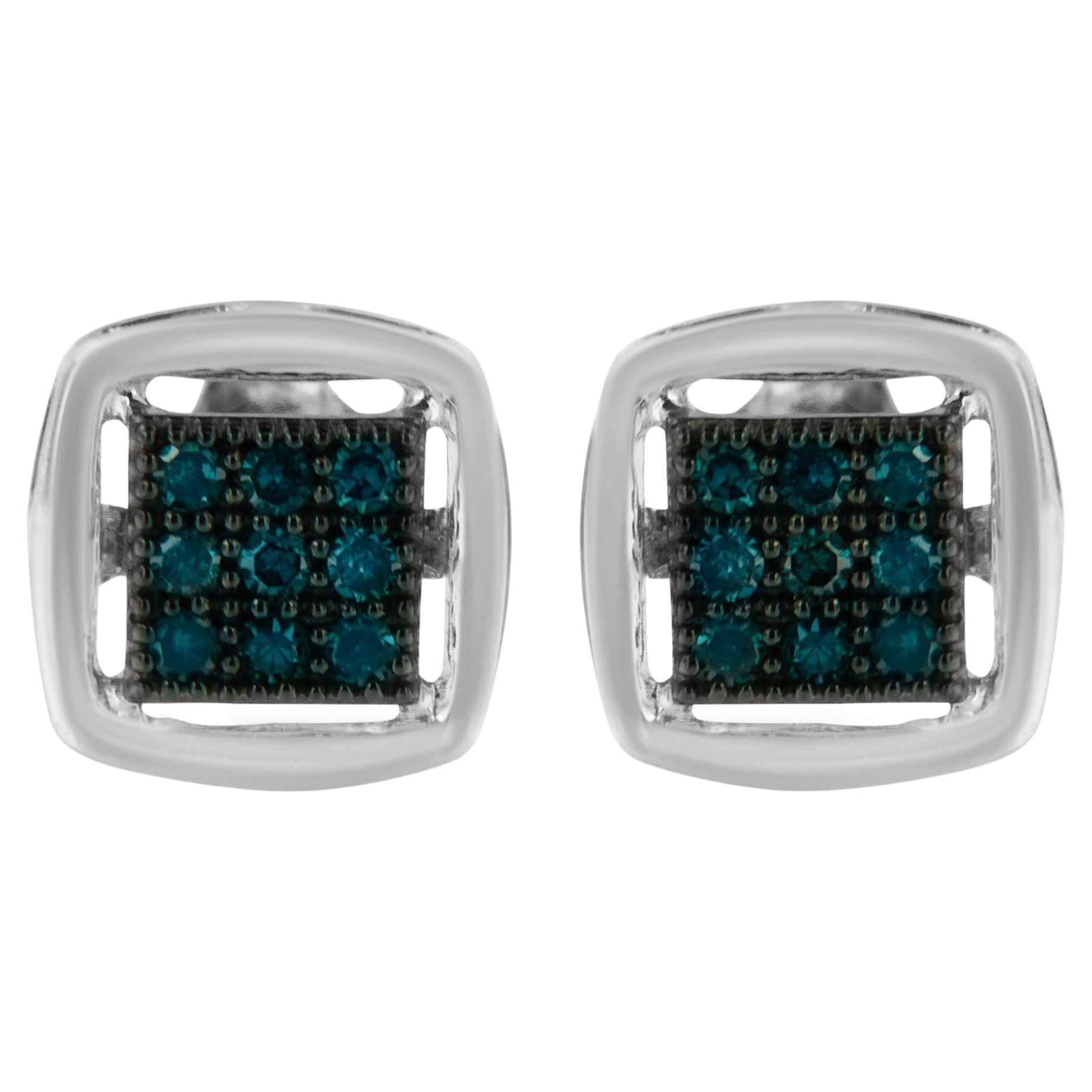 .925 Sterling Silver 1/4 Carat Rose Cut Treated Blue Diamond Square Stud Earring For Sale
