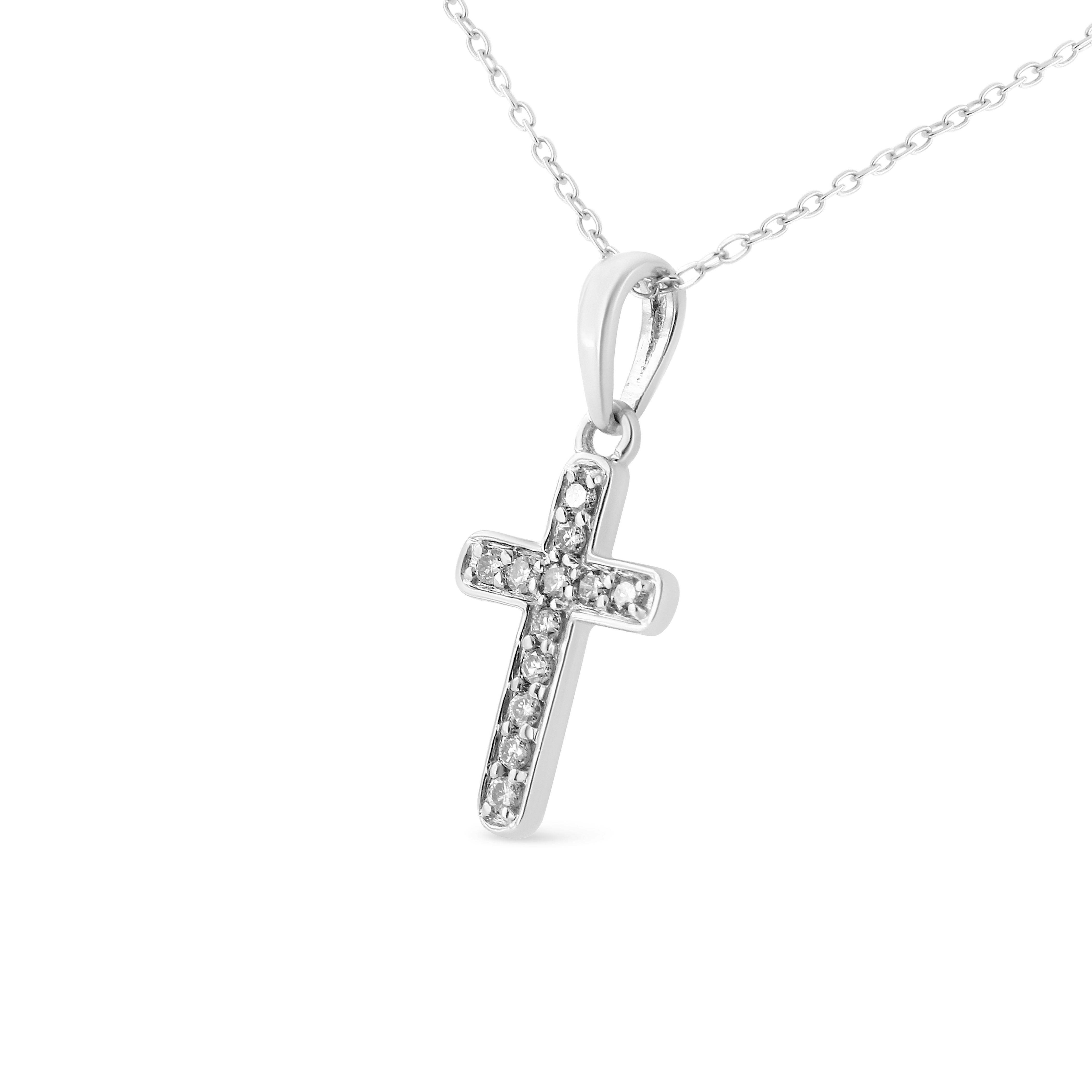 Celebrate your inner spirituality with this magnificent diamond cross pendant. This necklace is embellished with a 1/4 cttw of natural, round-cut diamonds. The prong-set diamonds are set onto genuine .925 sterling silver, plated with rhodium (a