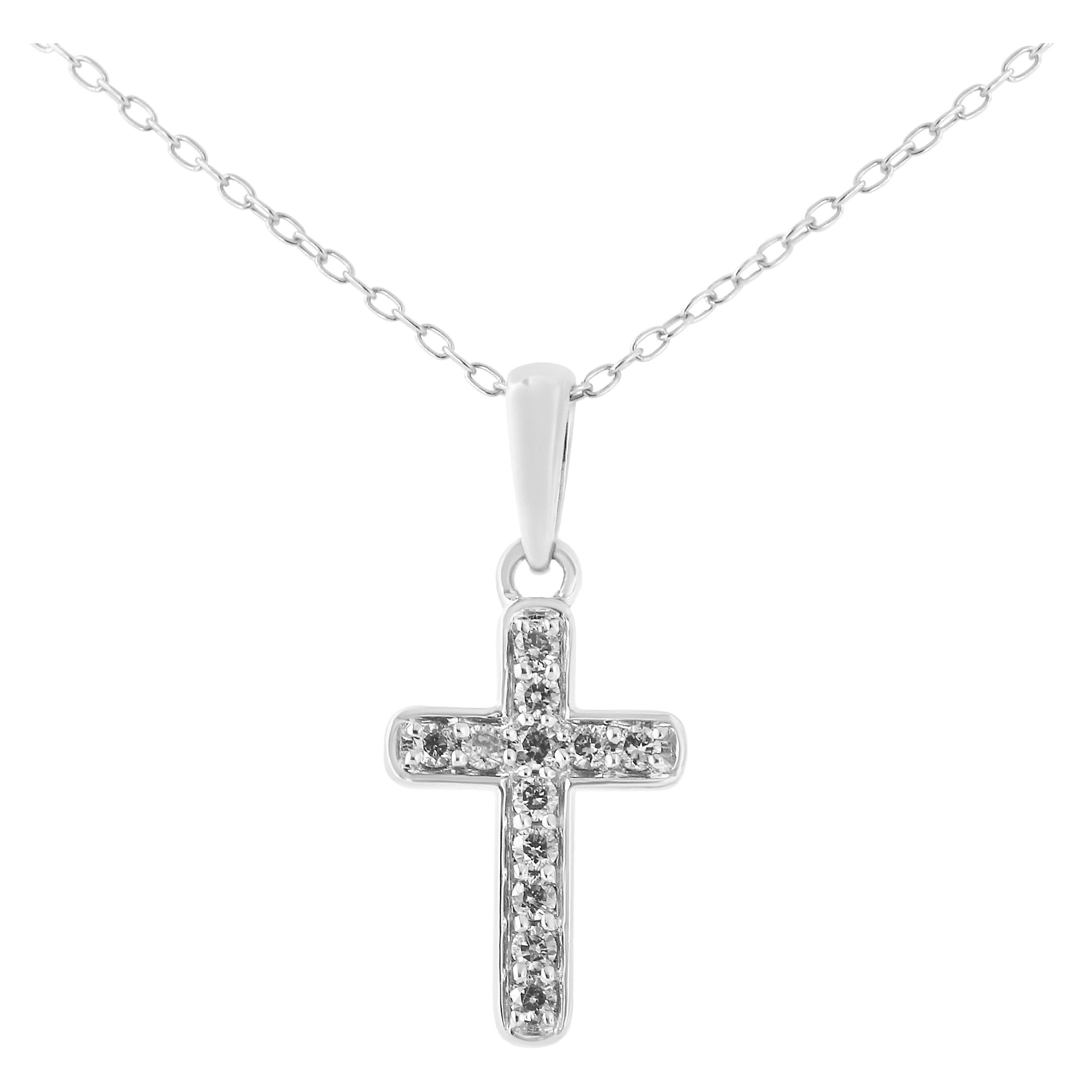 .925 Sterling Silver 1/4 Carat Round-Cut Diamond Cross 18" Pendant Necklace For Sale