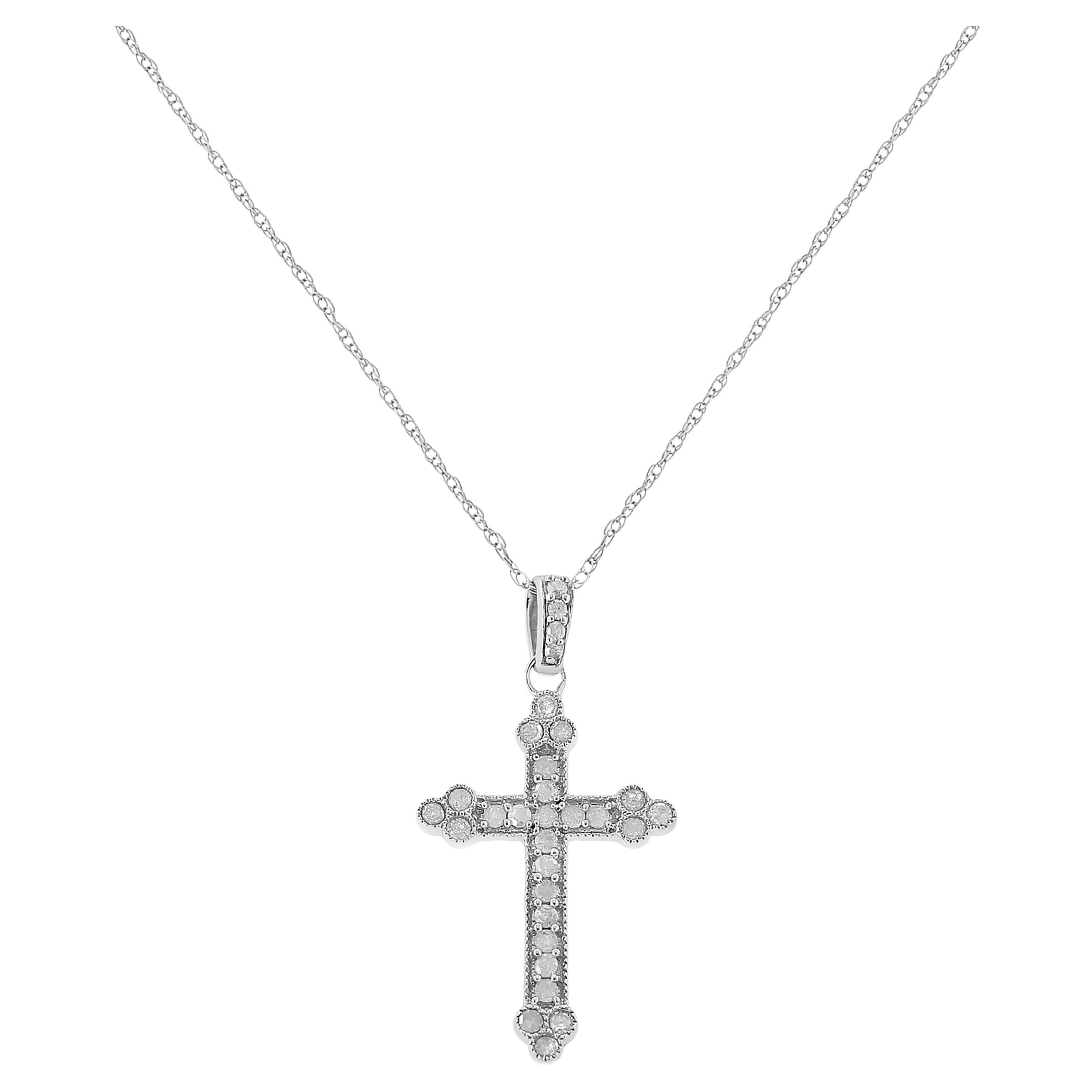 .925 Sterling Silver 1/4 Carat Round-Cut Diamond Cross 18" Pendant Necklace For Sale