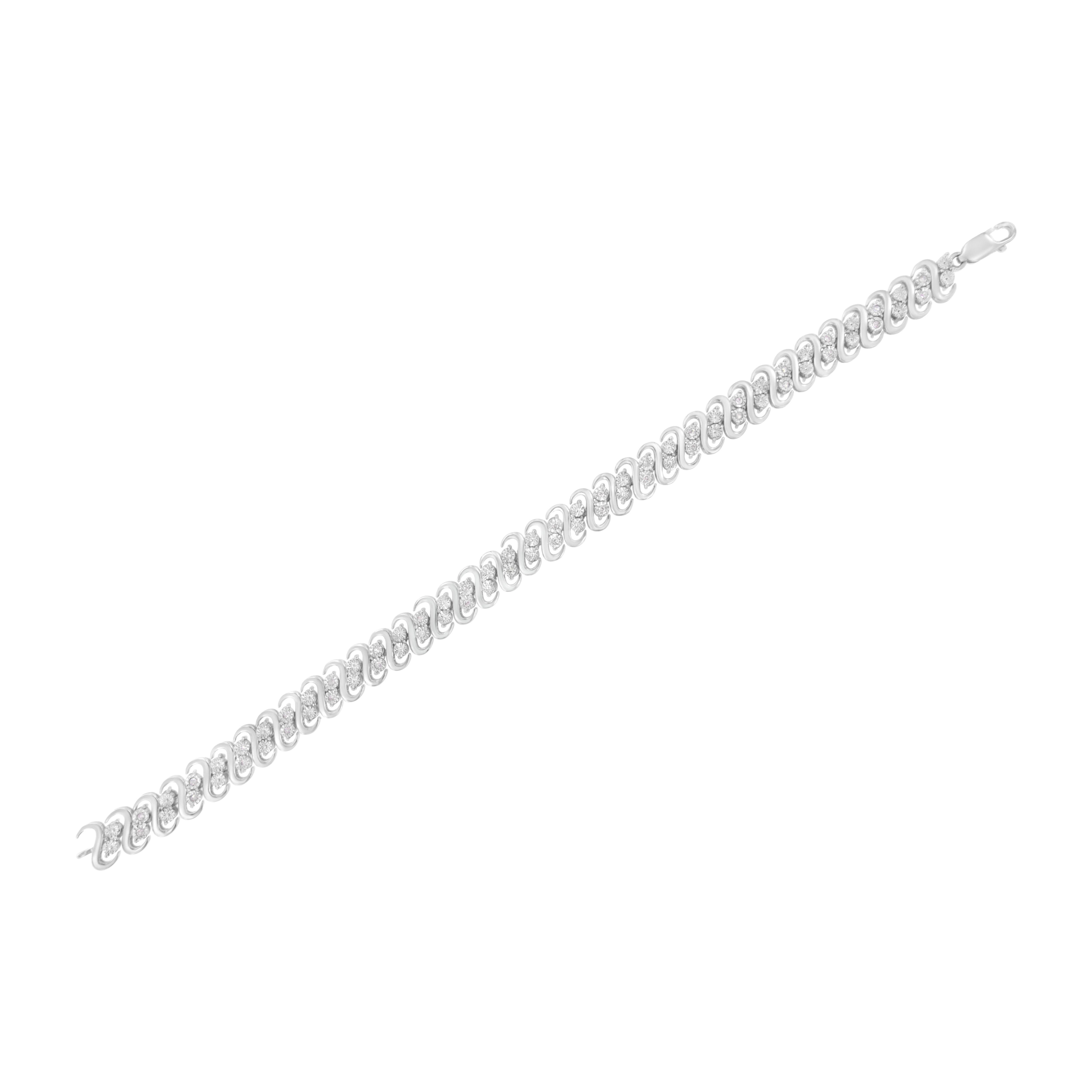 .925 Sterlingsilber 1/4 Karat runder Diamant Doppelreihiges S- Gliederarmband im Zustand „Neu“ in New York, NY