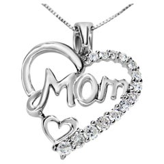 .925 Sterling Silver 1/4 Carat Round Diamond "Mom" Heart Pendant Necklace