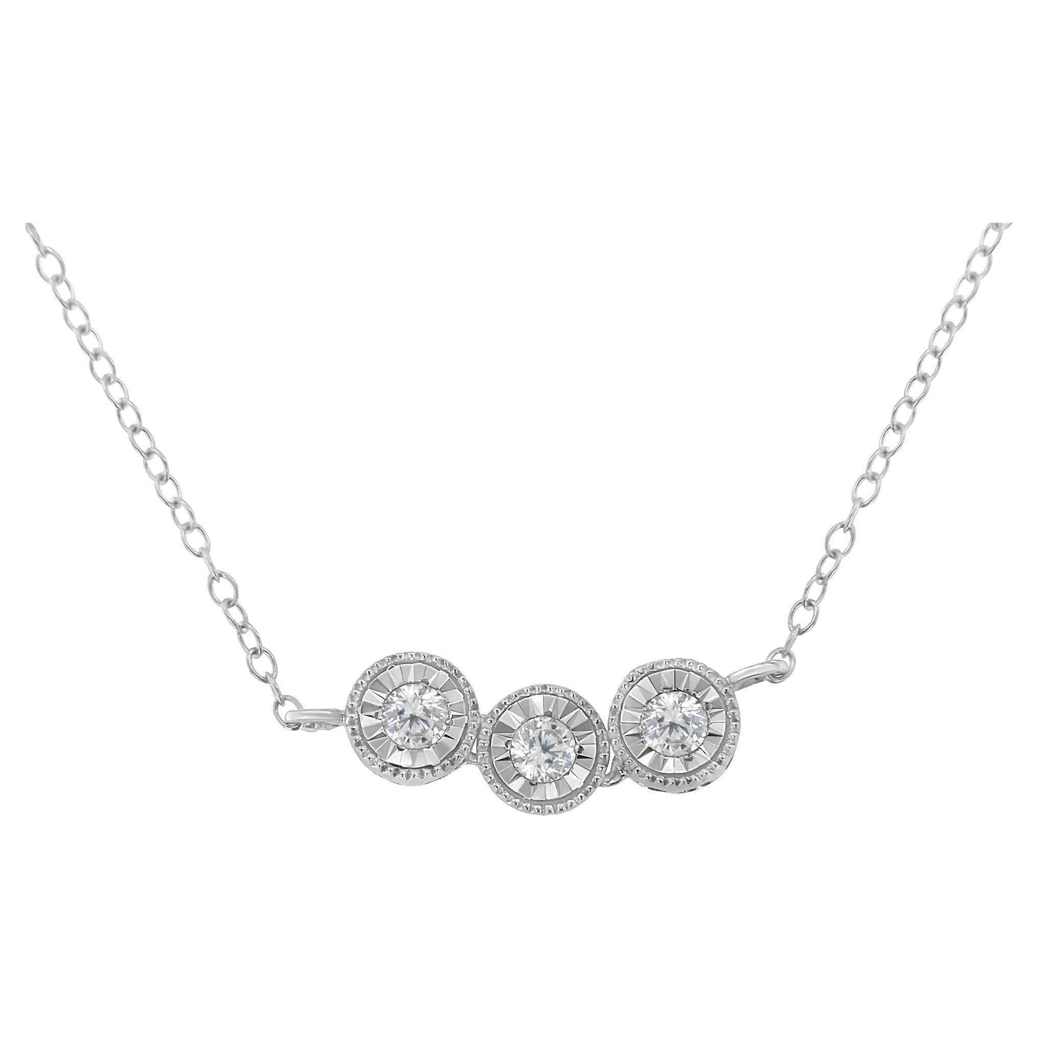 .925 Sterling Silver 1/4 Carat Round Diamond Pendant Necklace For Sale