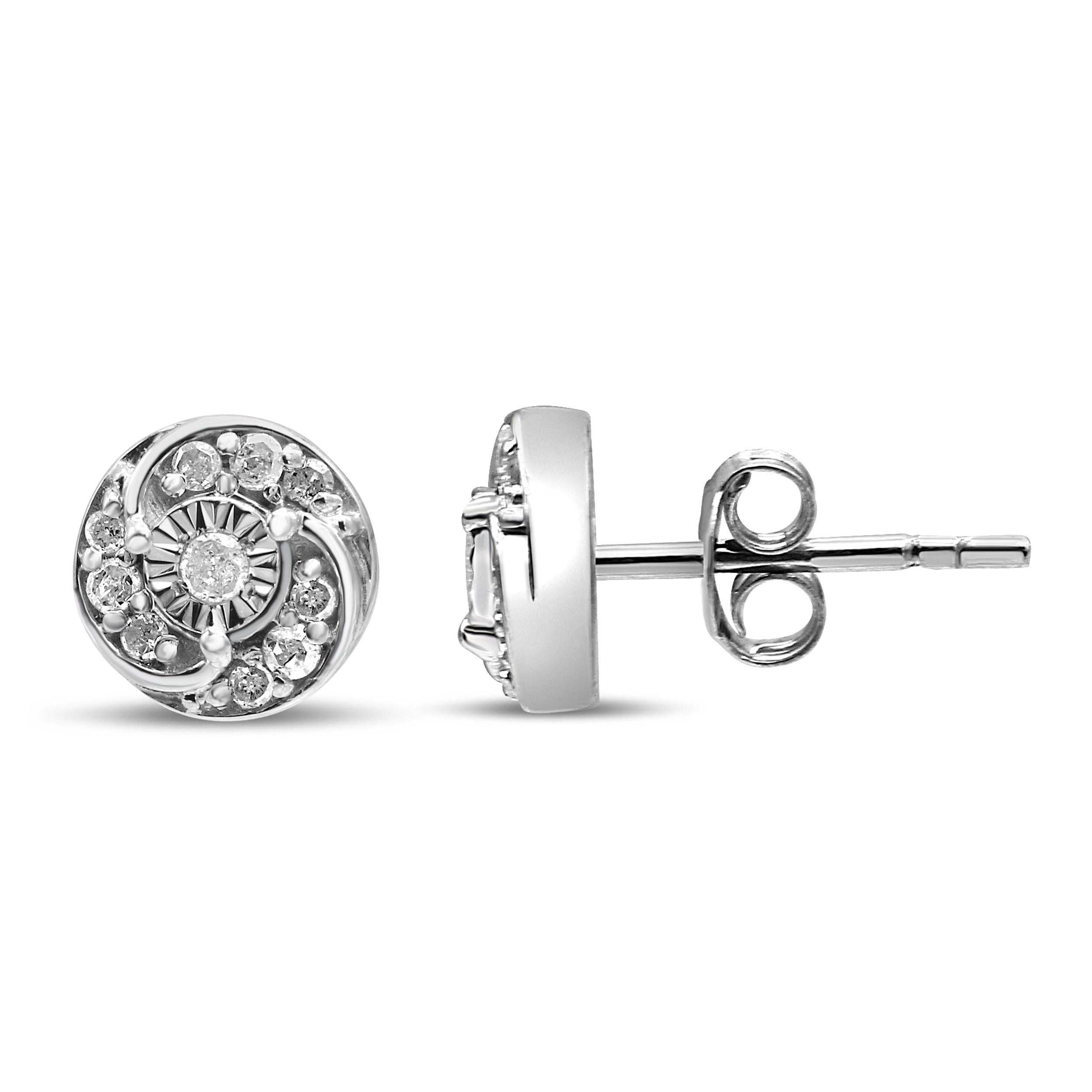 Contemporary .925 Sterling Silver 1/4 Carat Round Diamond Spiral Halo Cluster Stud Earring For Sale