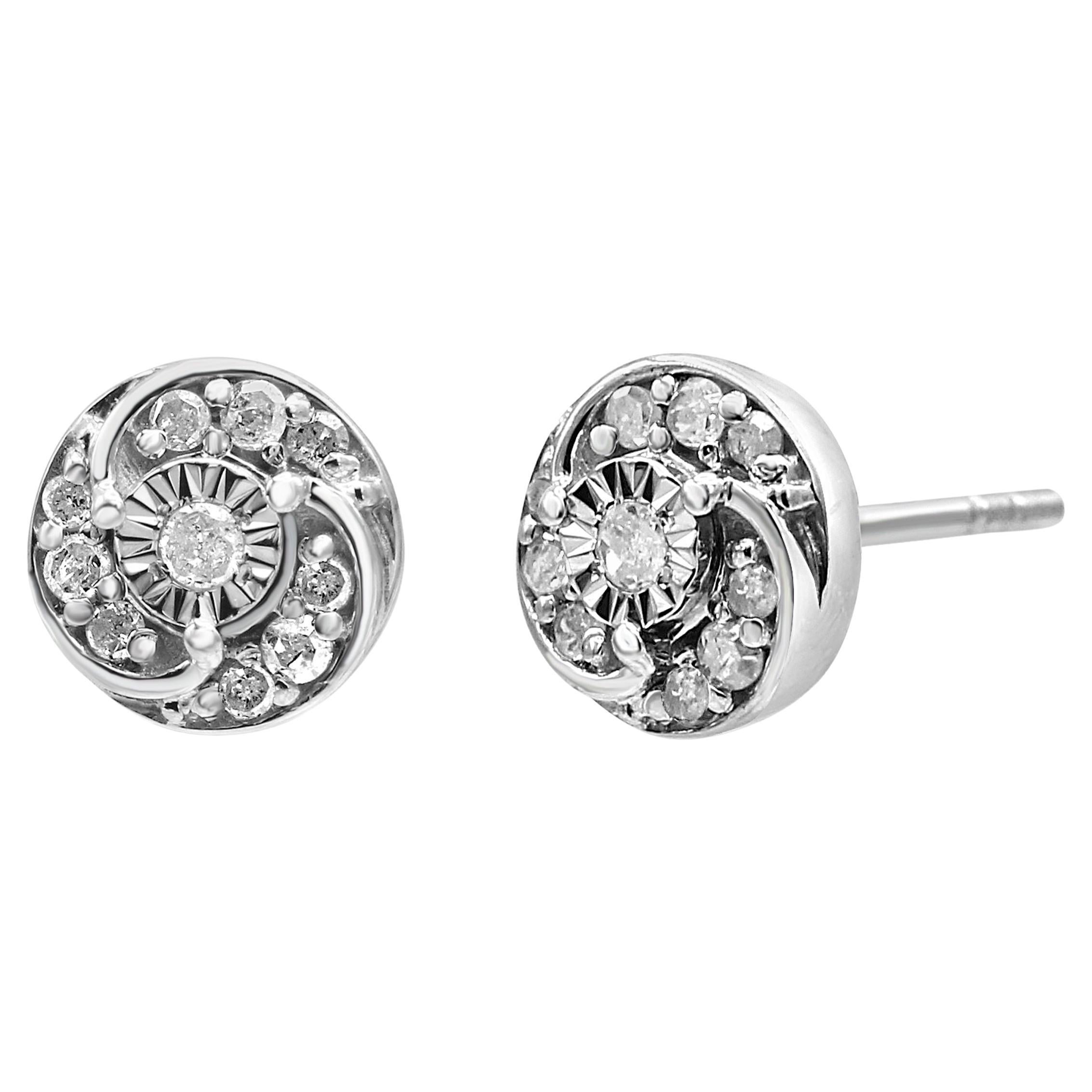 .925 Sterling Silver 1/4 Carat Round Diamond Spiral Halo Cluster Stud Earring For Sale