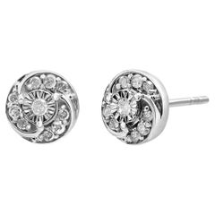 .925 Sterling Silver 1/4 Carat Round Diamond Spiral Halo Cluster Stud Earring