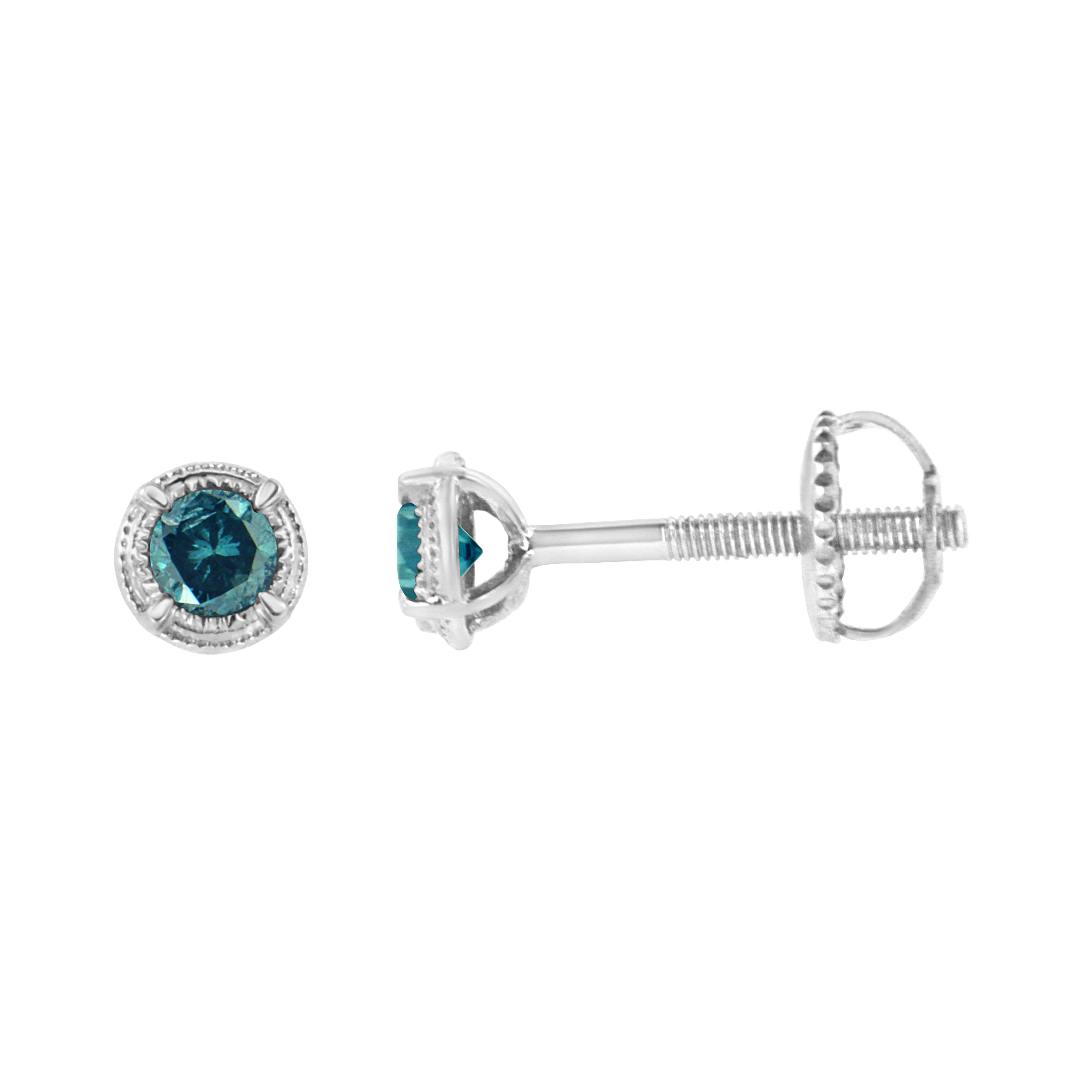 Add this stunningly unique diamond stud earrings to your jewelry collection and impress all your girlfriends. This beautiful pair of studs are made from the finest .925 sterling silver, and is embellished with treated, blue round-cut diamonds in a