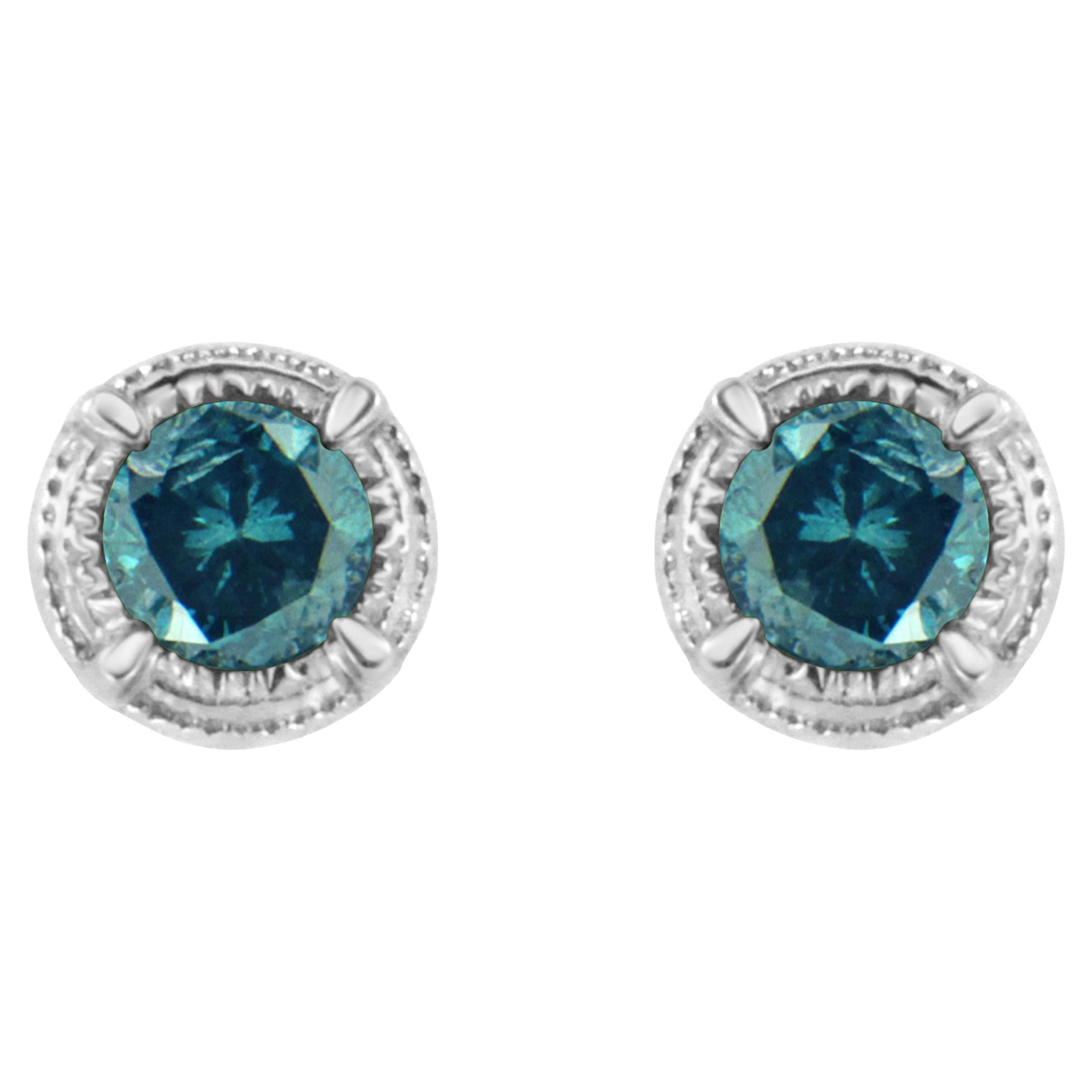 .925 Sterling Silver 1/4 Carat Treated Blue Diamond Solitaire Stud Earrings