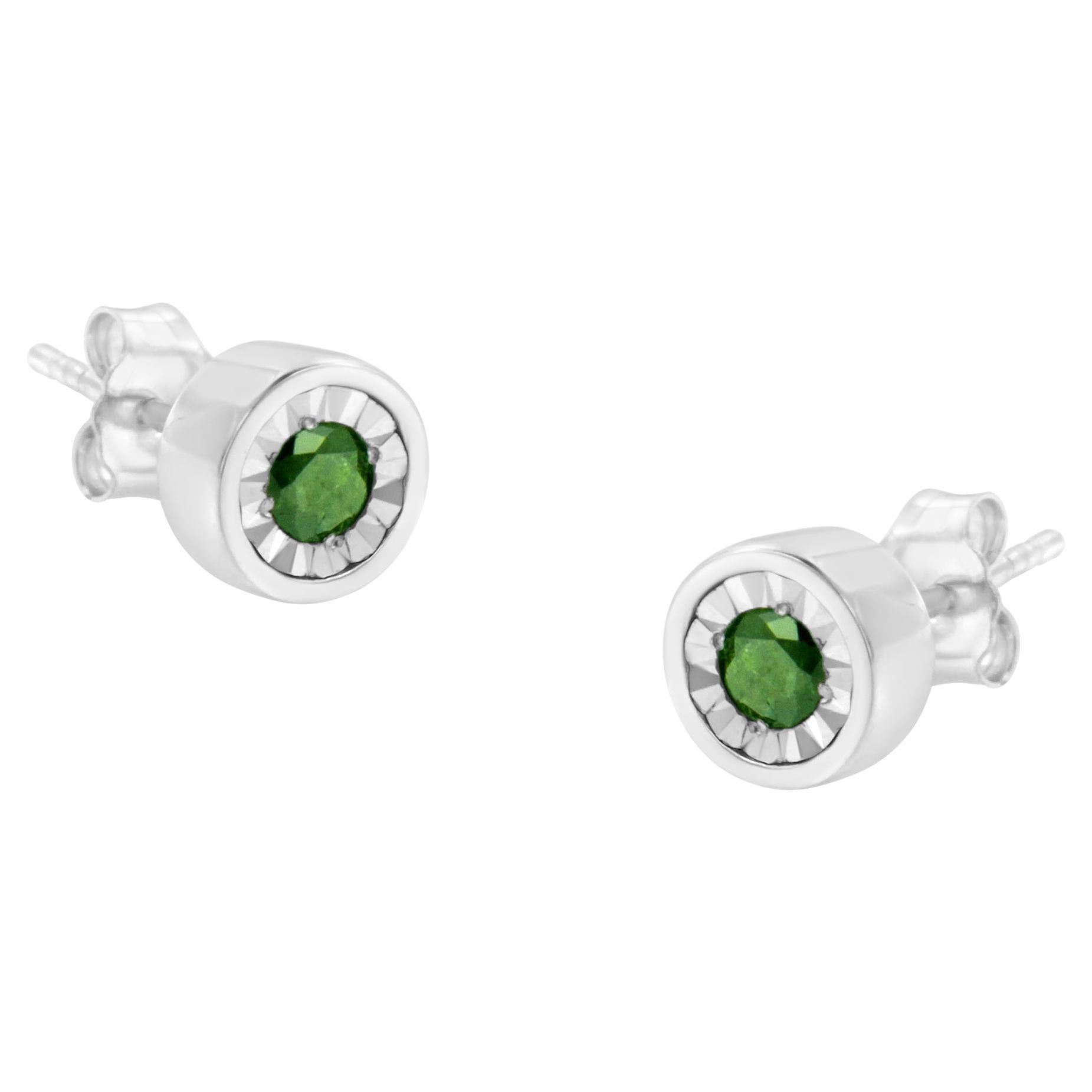 .925 Sterling Silver 1/4 Carat Treated Green Diamond Bezel Stud Earrings For Sale