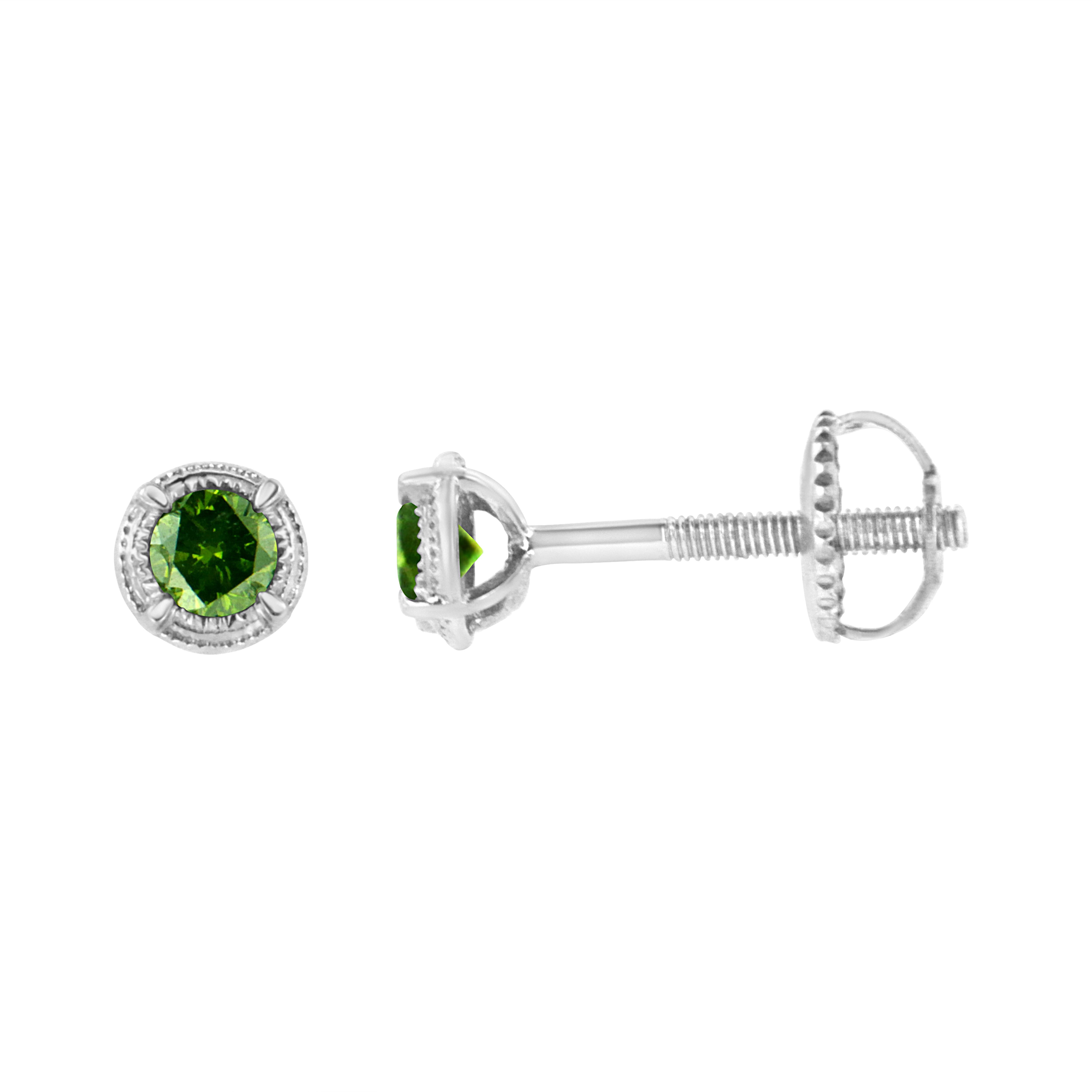 Add this stunningly unique diamond stud earrings to your jewelry collection and impress all your girlfriends. This beautiful pair of studs are made from the finest .925 sterling silver, and is embellished with treated, green round-cut diamonds in a