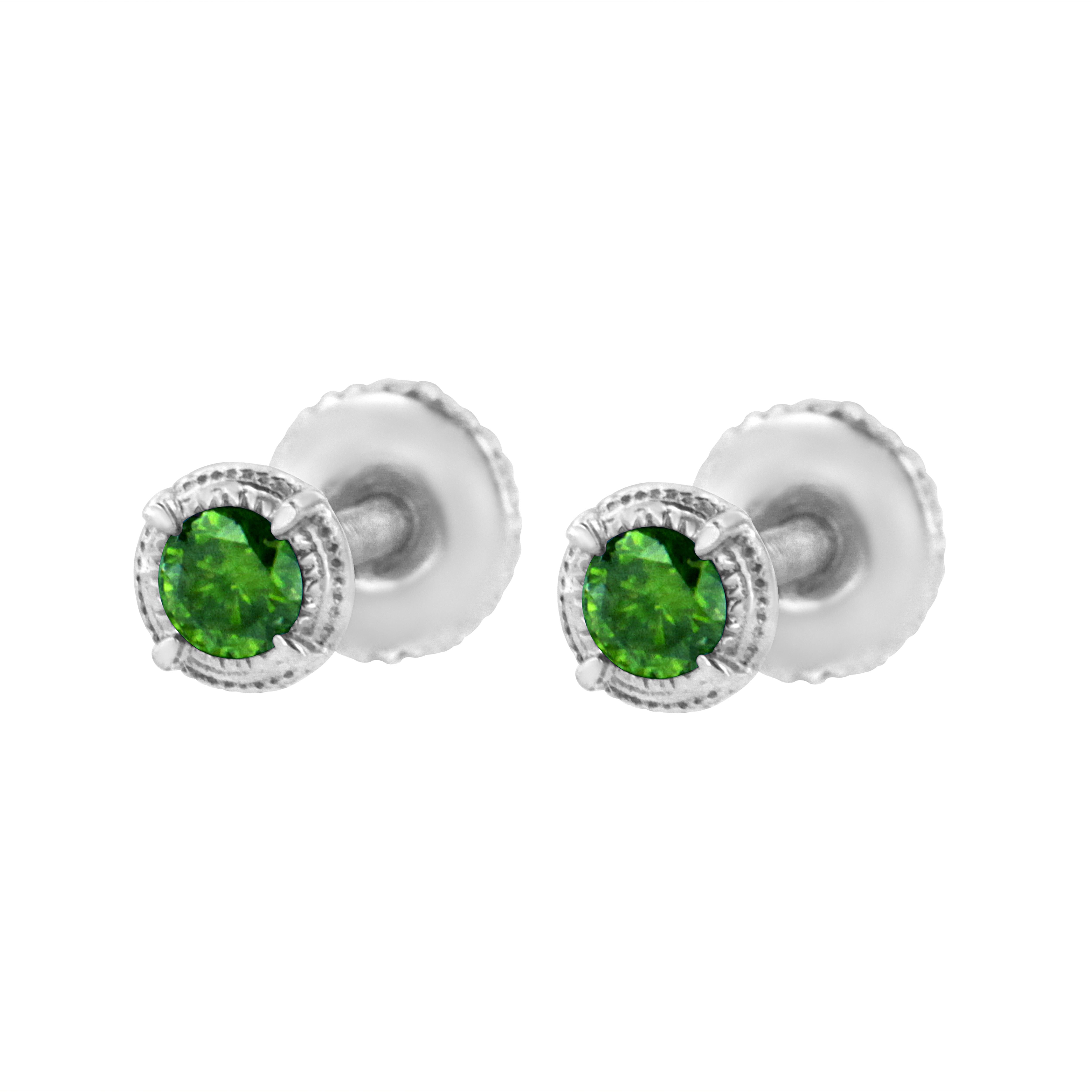 Contemporary .925 Sterling Silver 1/4 Carat Treated Green Diamond Milgrain Stud Earrings For Sale