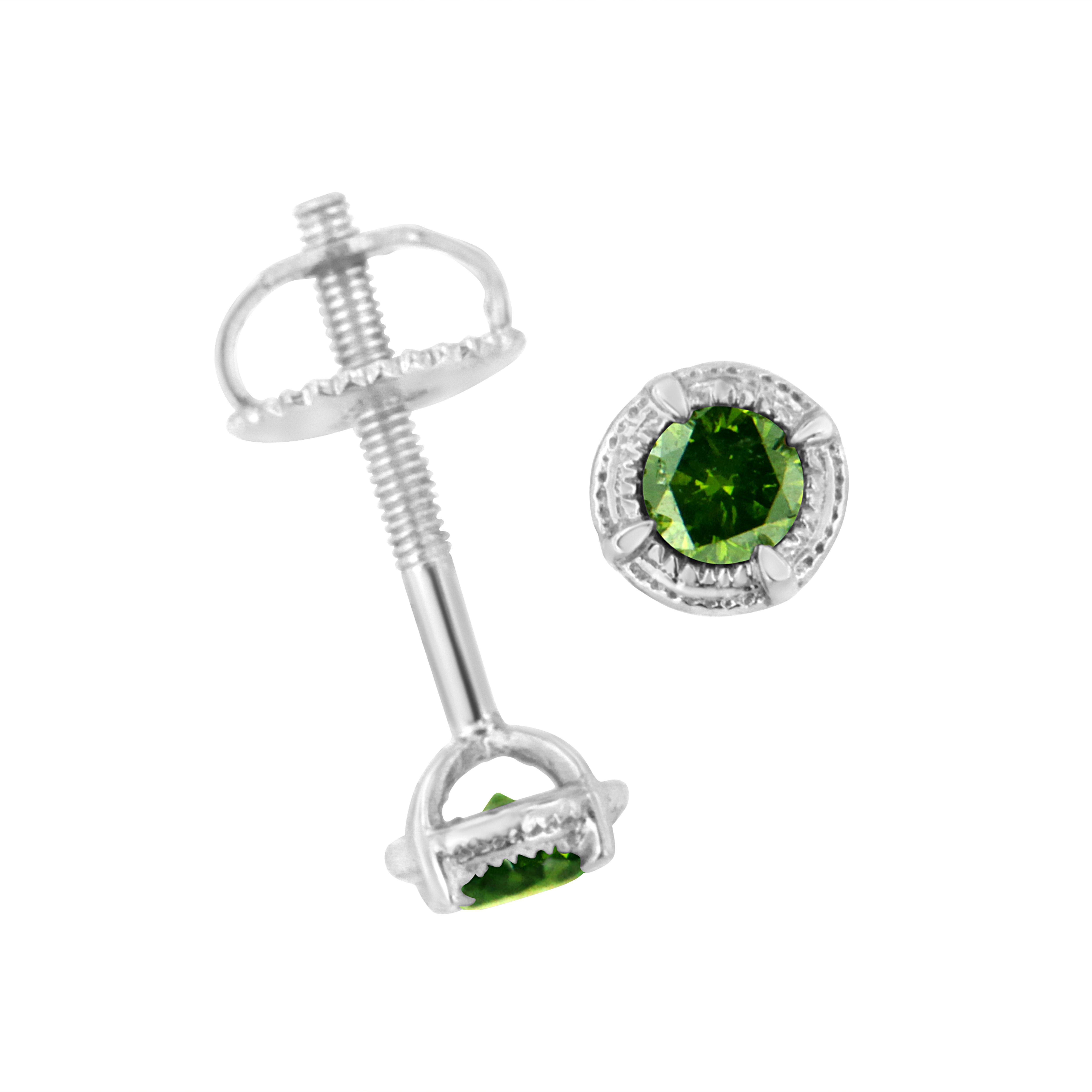 .925 Sterling Silver 1/4 Carat Treated Green Diamond Milgrain Stud Earrings In New Condition For Sale In New York, NY