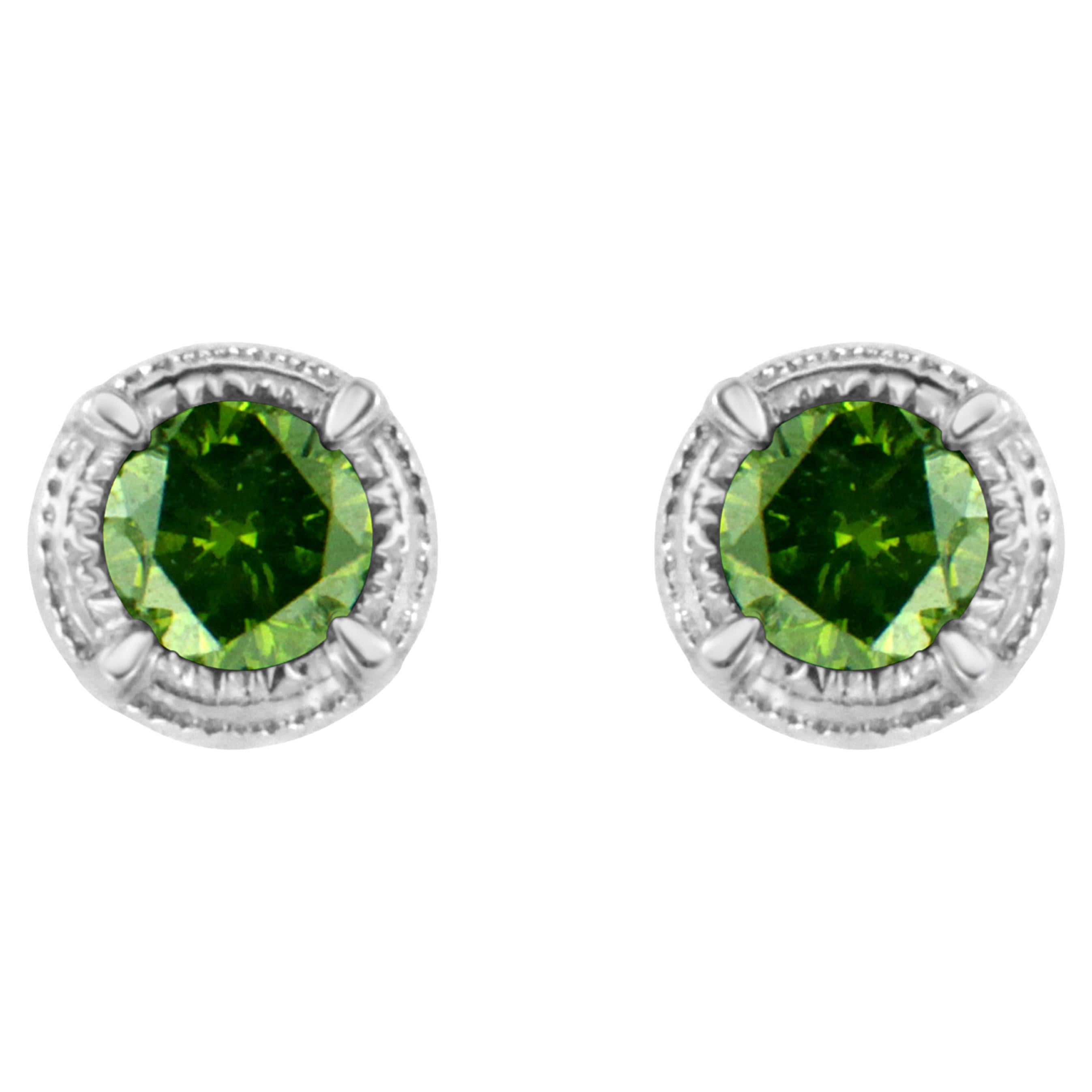 .925 Sterling Silver 1/4 Carat Treated Green Diamond Milgrain Stud Earrings