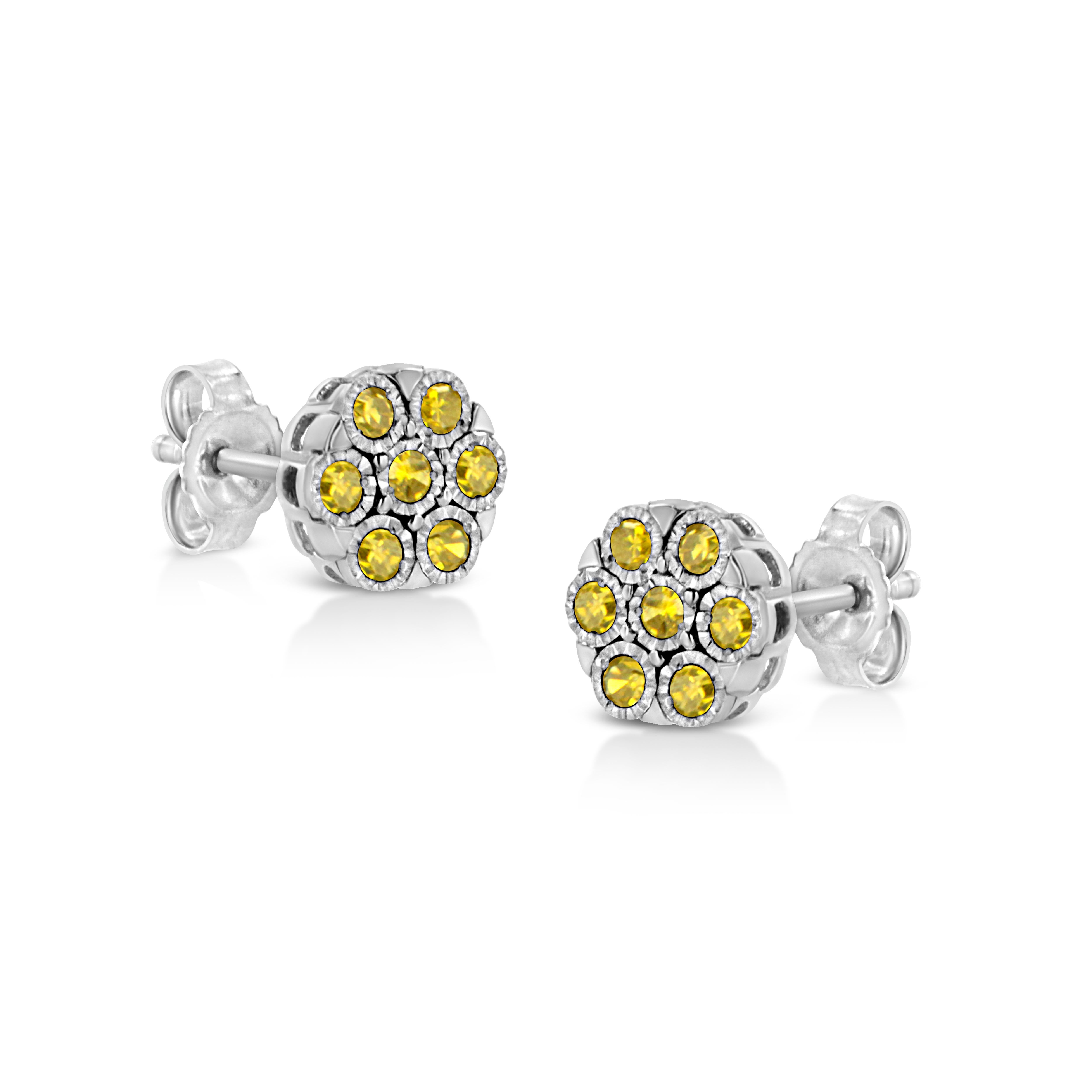 You will fall in love with these classic cluster stud earrings. A must have for any serious jewelry collection, these .925 sterling earrings boast a 0.25 carat total weight of treated yellow diamonds with seven stones each. The earrings are floral