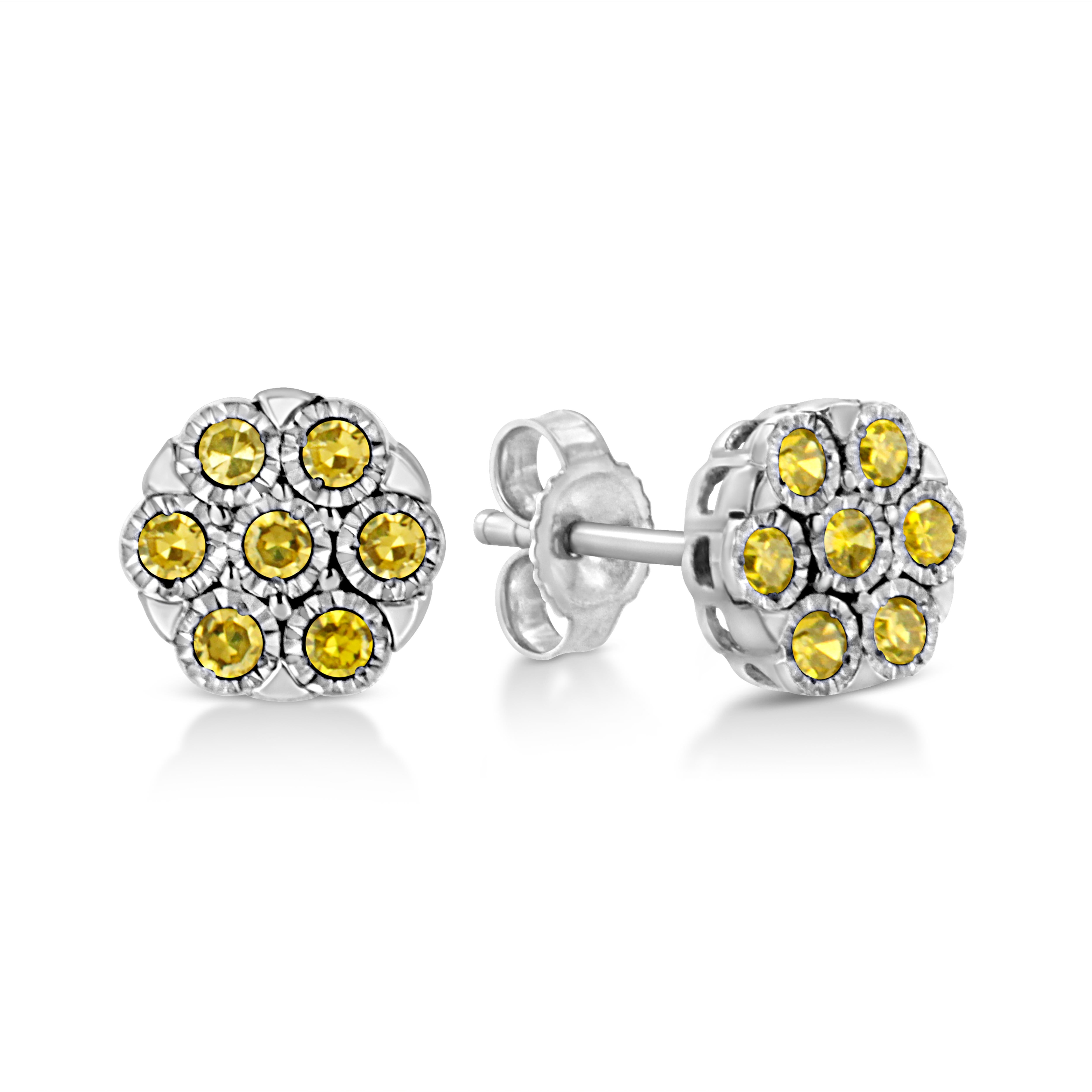 Contemporary .925 Sterling Silver 1/4 Carat Yellow Color Treated Diamond Flower Earrings For Sale