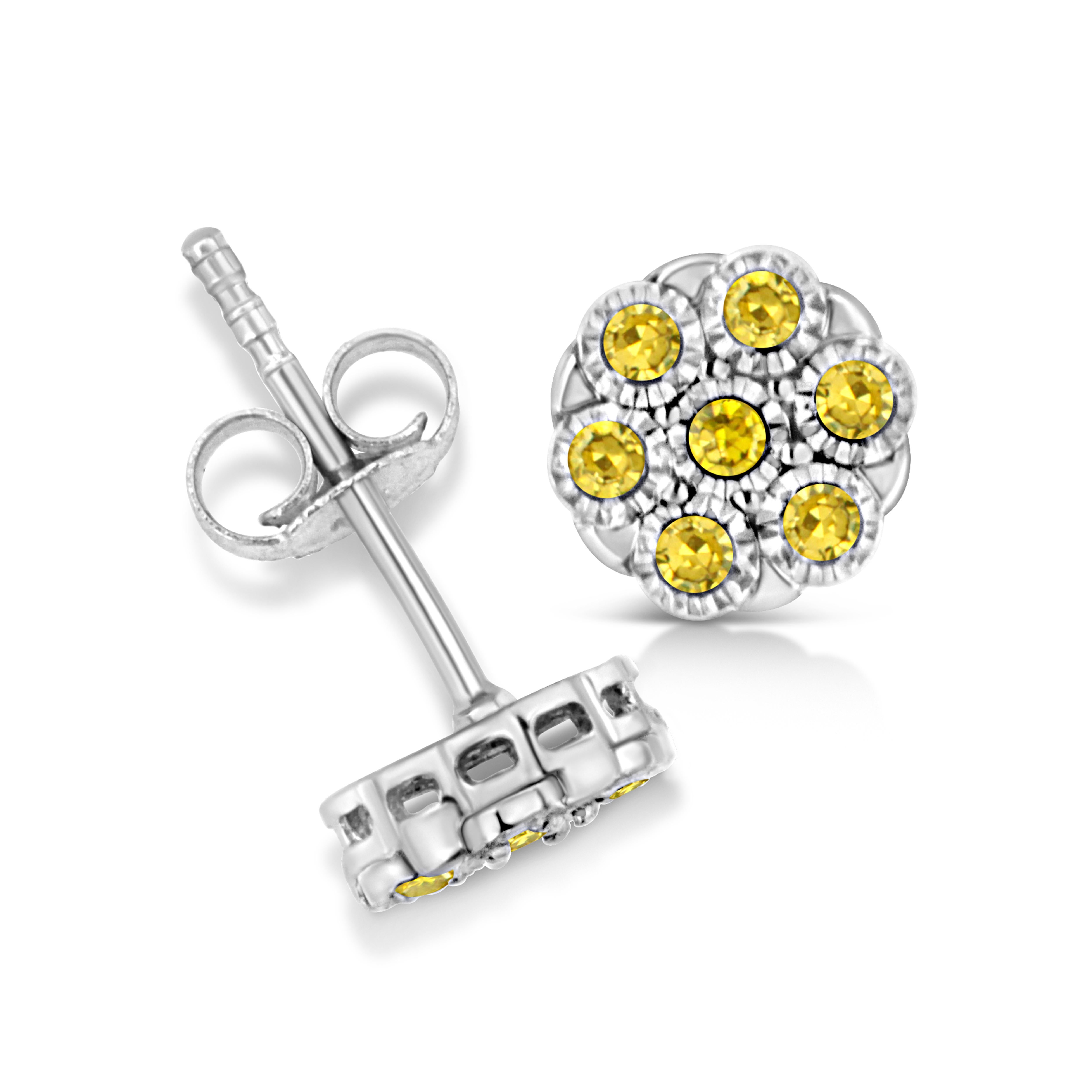 .925 Sterling Silver 1/4 Carat Yellow Color Treated Diamond Flower Earrings In New Condition For Sale In New York, NY