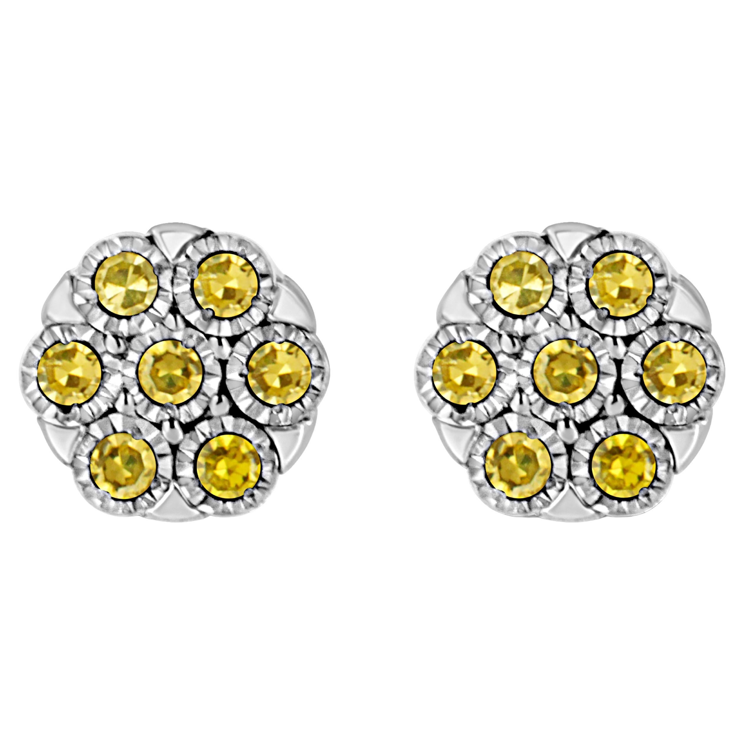.925 Sterling Silver 1/4 Carat Yellow Color Treated Diamond Flower Earrings For Sale