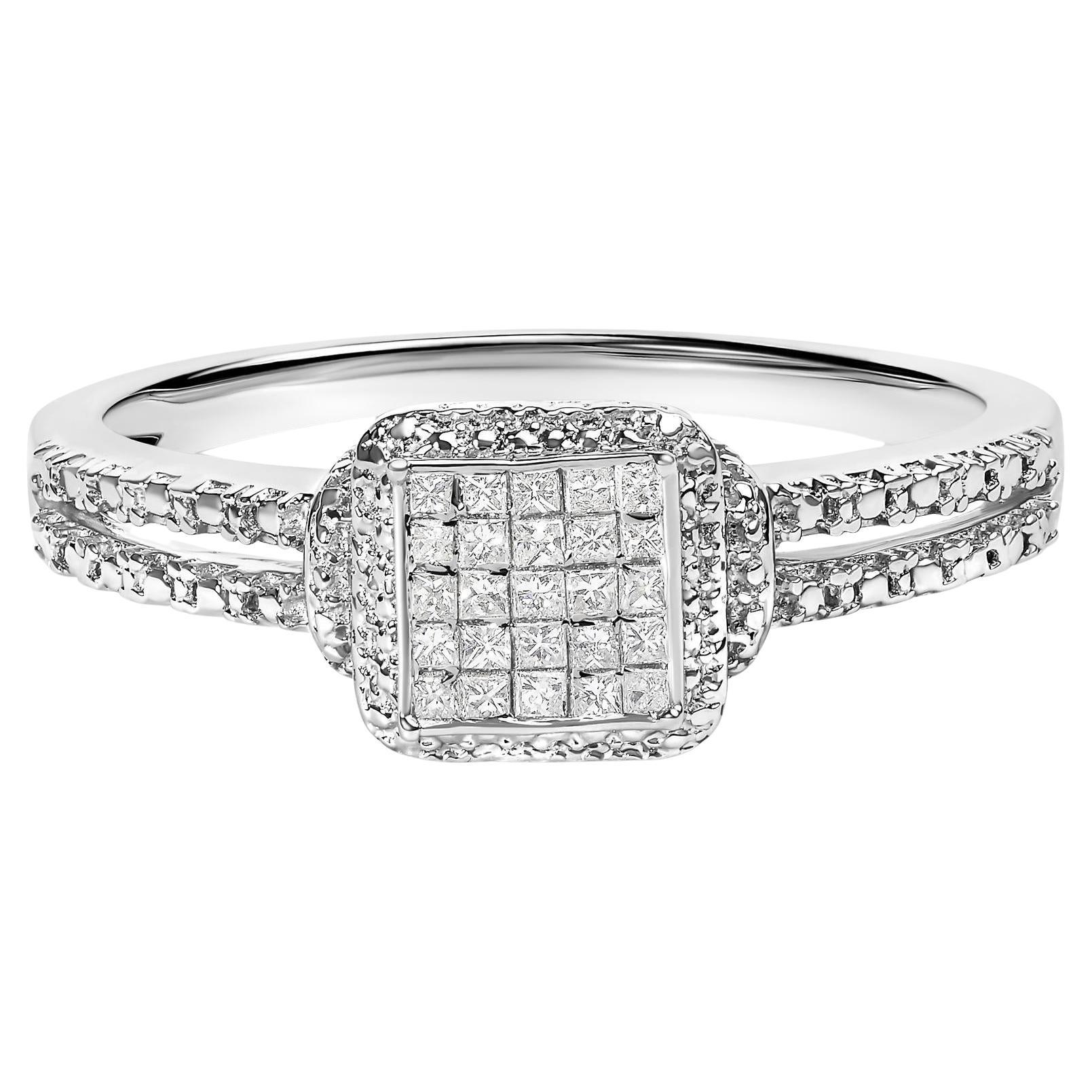 .925 Sterling Silver 1/4 Cttw Diamond Composite Ring with Beaded Halo (Bague composée de diamants de 1/4 Cttw avec halo perlé)