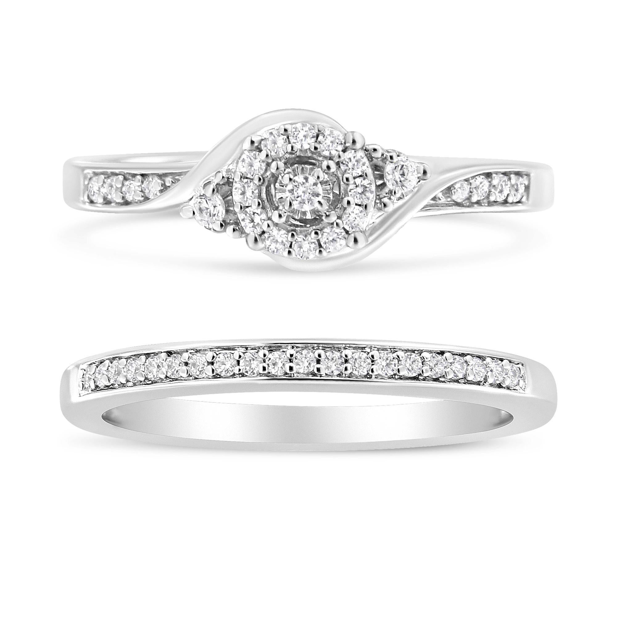 Dieses Set aus Verlobungsring und Ehering aus 925er Sterlingsilber mit Diamant-Halo und Wirbel ist ein exquisites Symbol für ewige Liebe und Hingabe und ein wahres Meisterwerk. Dieses mit viel Liebe zum Detail gefertigte Set präsentiert eine