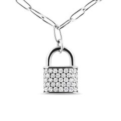 .925 Sterlingsilber 1/4 Cttw Diamantschloss 16" Anhänger Halskette