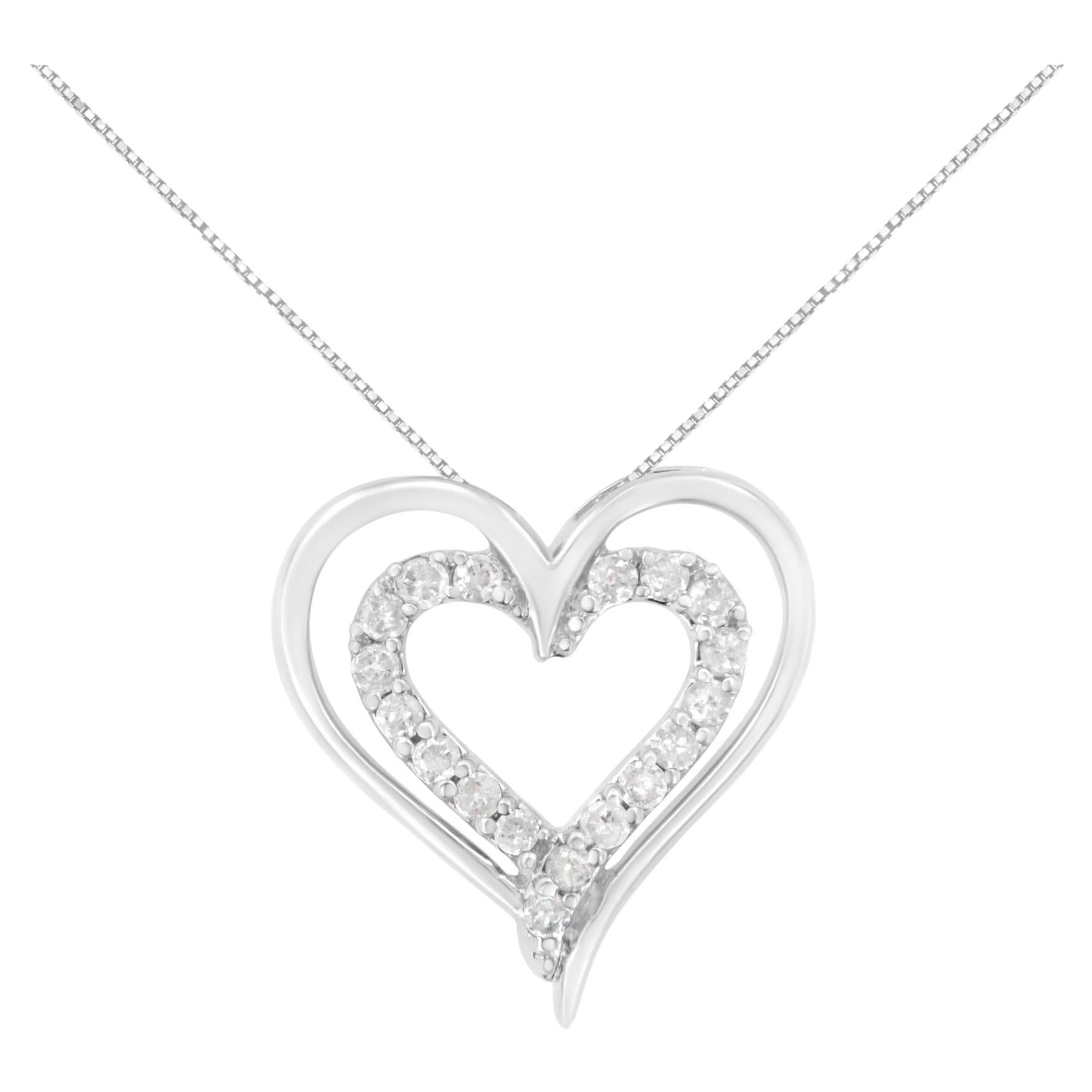 .925 Sterling Silver 1/4 cttw Diamond Open Double Heart 18" Pendant Necklace