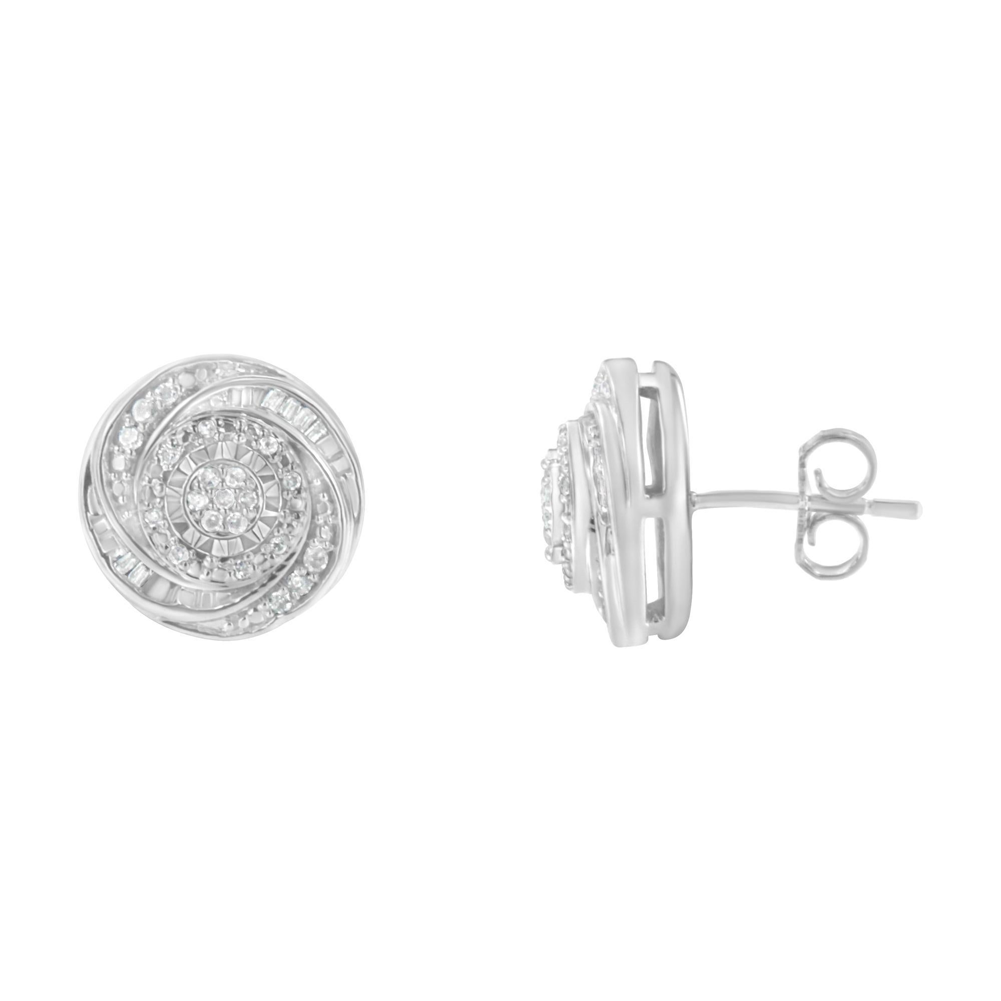 She'll treasure these sparkling diamond stud earrings and wear them with everything. Crafted from weaves of cool .925 sterling silver, each love knot earring features a round center composite of diamonds wrapped in swirls of round and baguette-cut